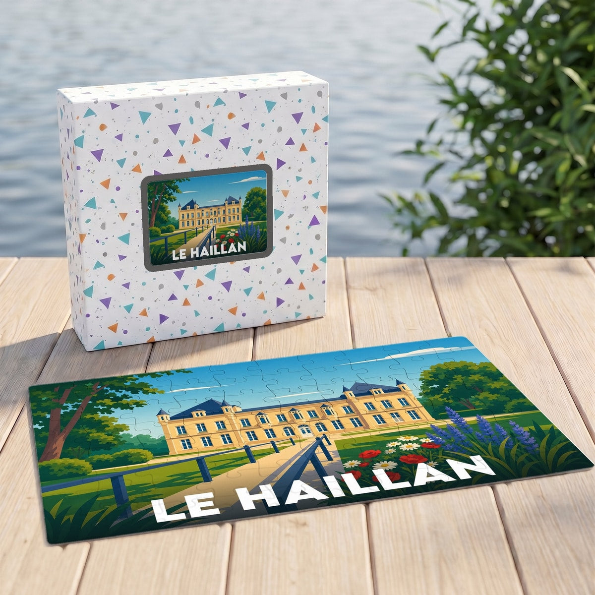 Puzzle souvenir de la ville de Le Haillan avec une illustration stylisée de son château.