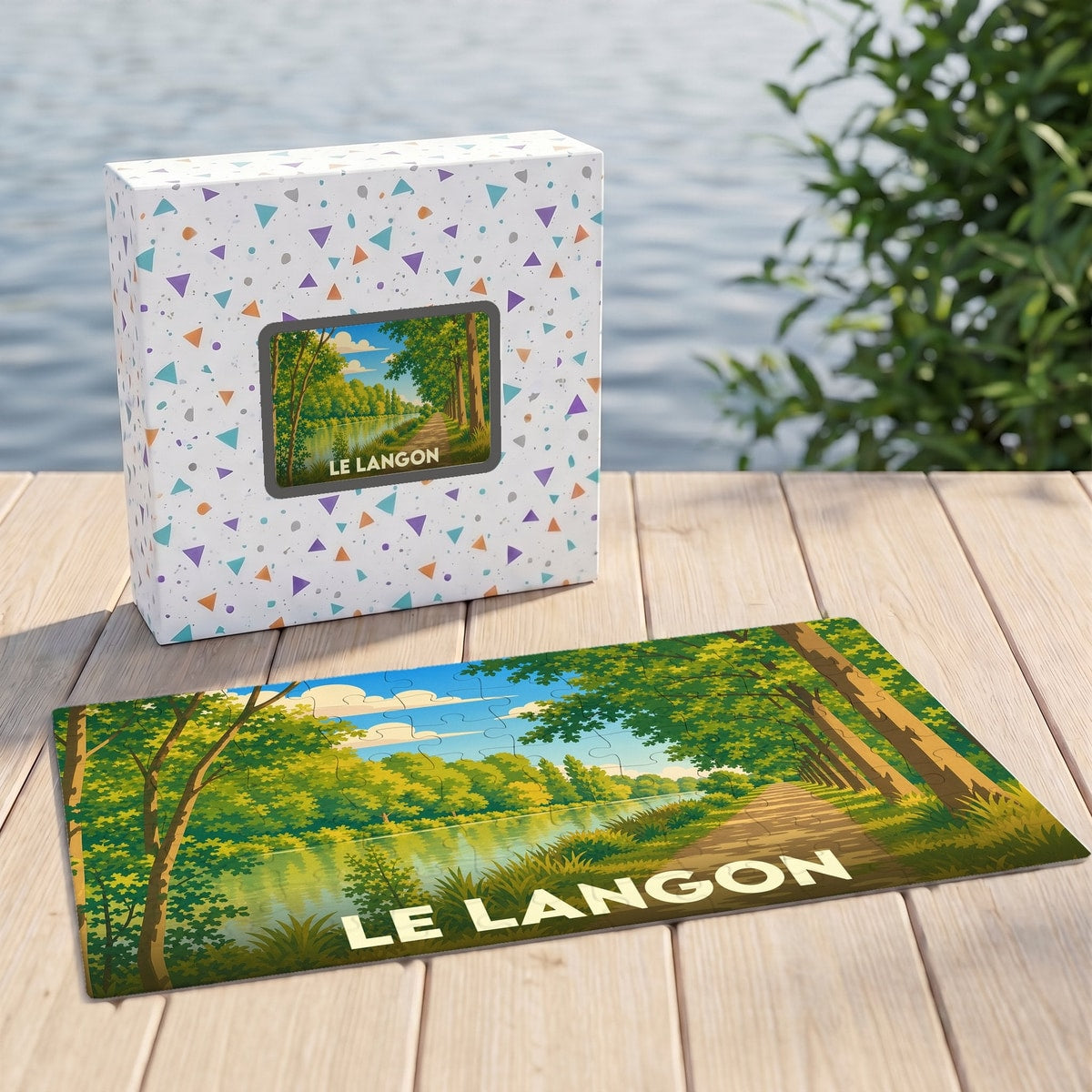 Puzzle souvenir de la ville de Le Langon avec une illustration de paysage arboré au bord de l'eau.