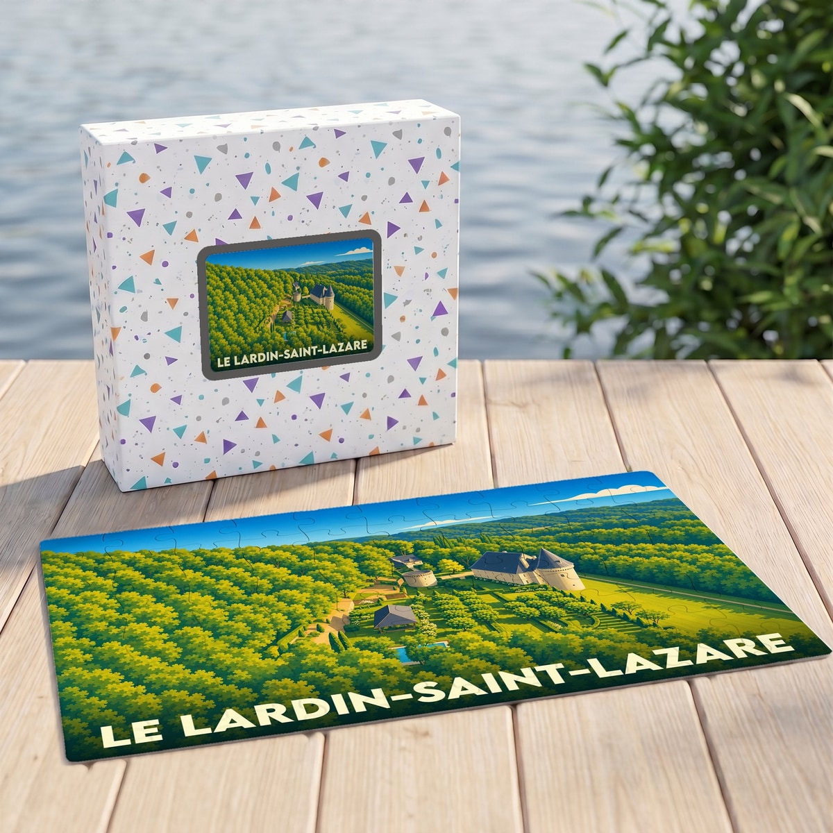 Puzzle souvenir de la ville du Lardin-Saint-Lazare avec une illustration stylisée d'un paysage verdoyant.