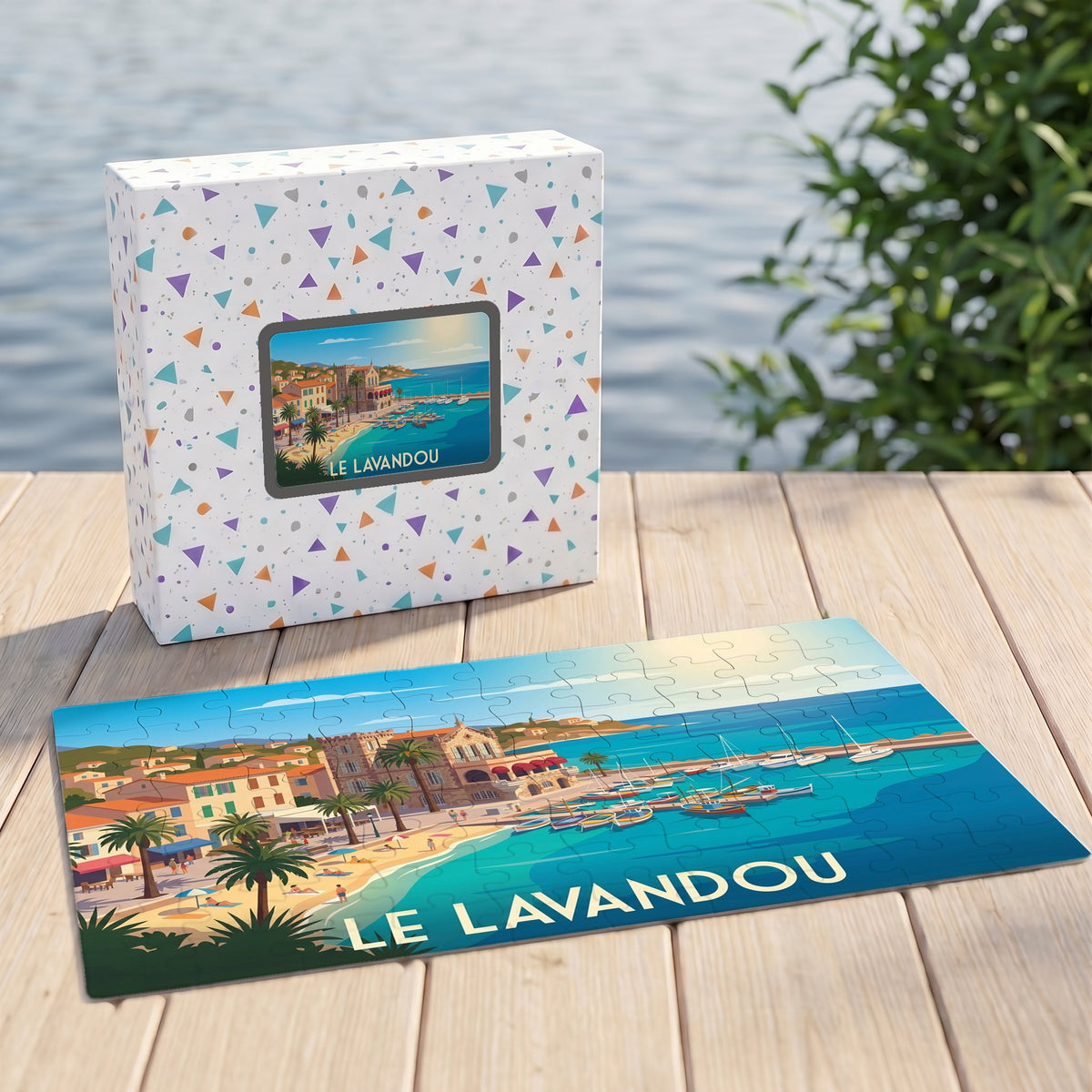 Puzzle souvenir de la ville du Lavandou avec une illustration stylisée de son front de mer et de son port.