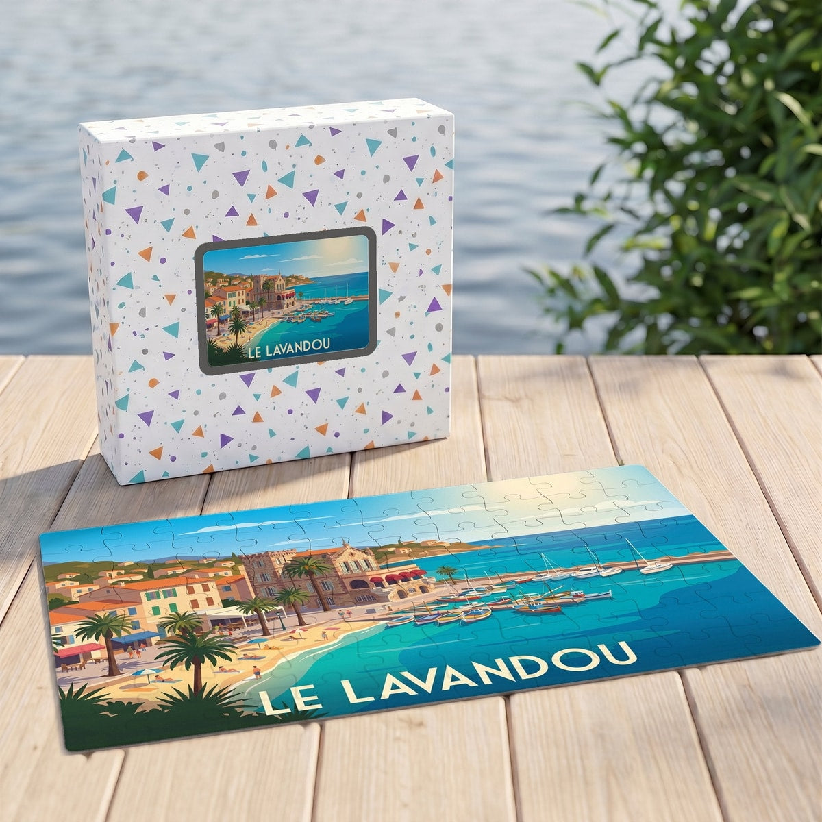 Puzzle souvenir de la ville du Lavandou avec une illustration stylisée de son front de mer et de son port.