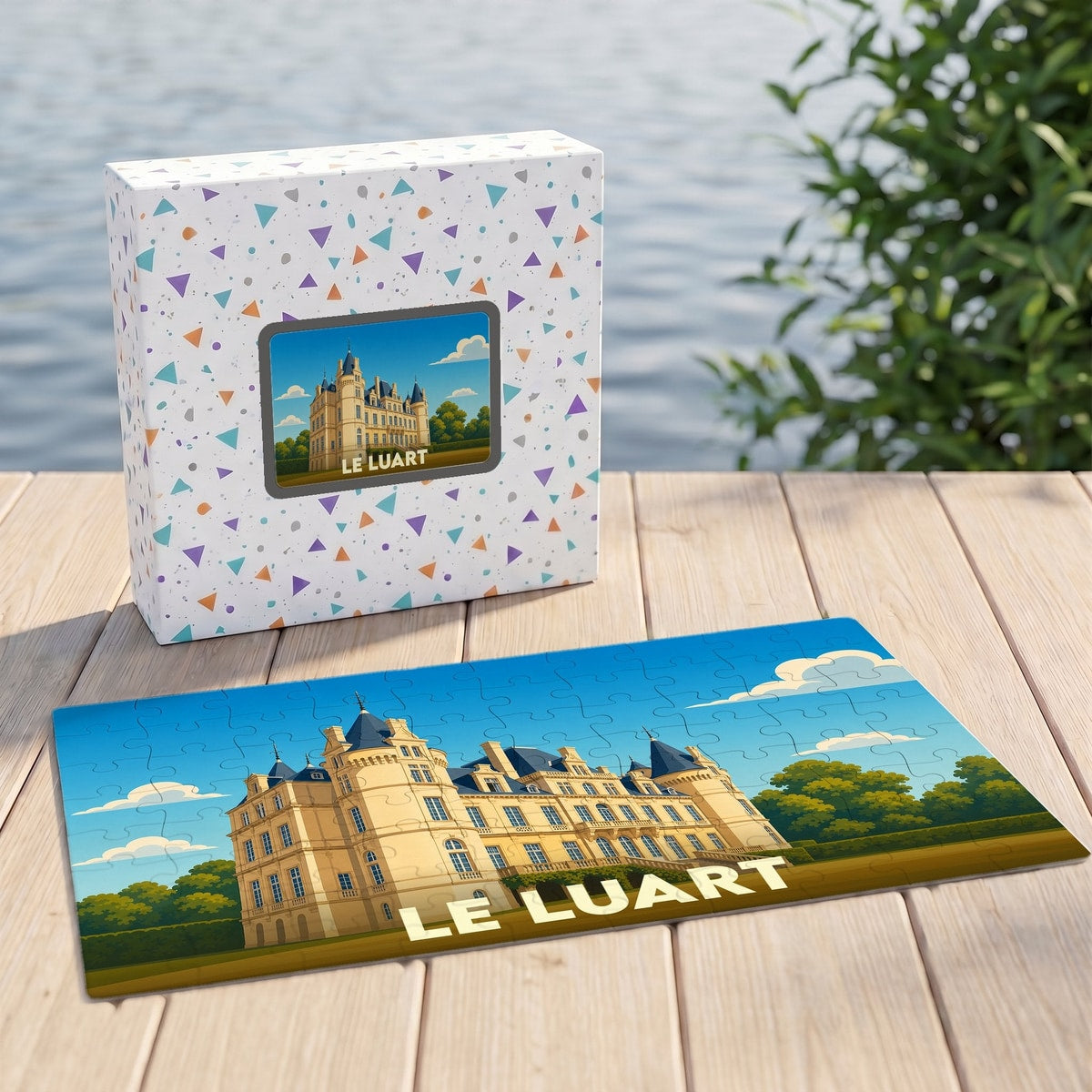 Puzzle souvenir de la commune de Le Luart avec une illustration stylisée de son château.