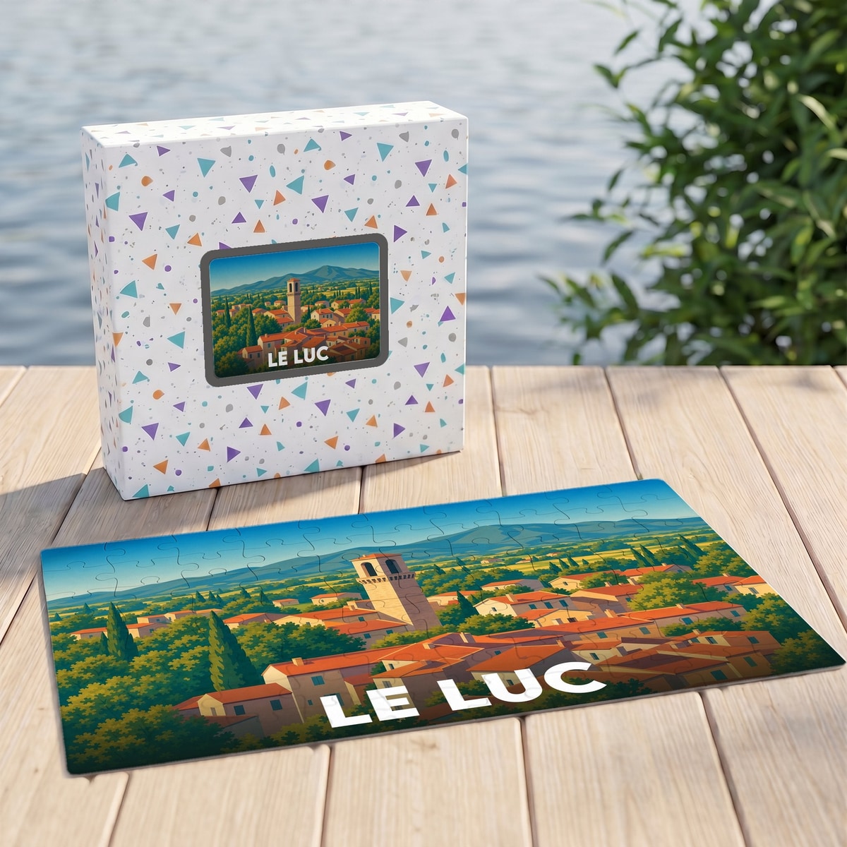 Puzzle souvenir de la ville du Luc avec une illustration stylisée de ses toits provençaux.