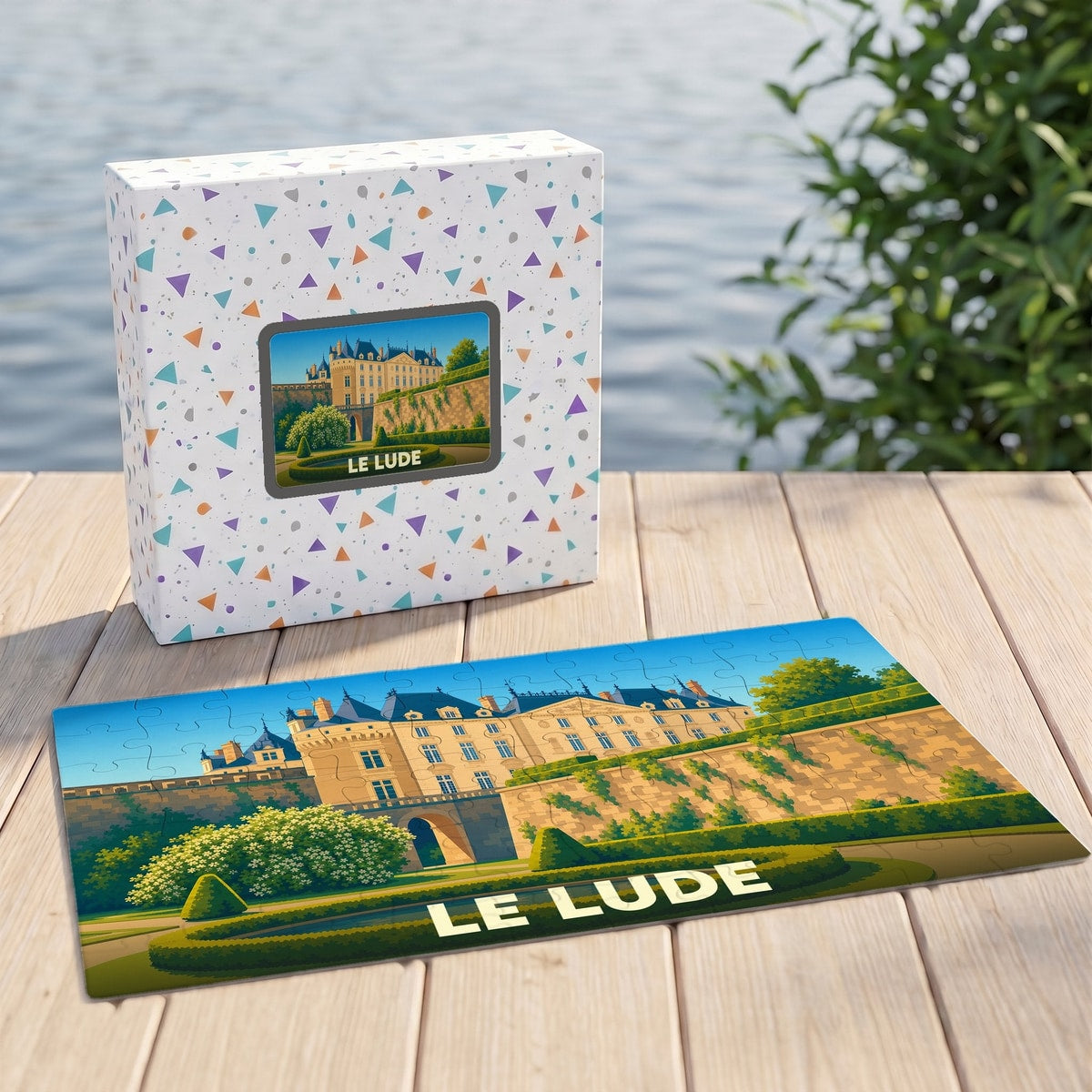 Puzzle souvenir de la ville de Le Lude avec une illustration stylisée de son château.