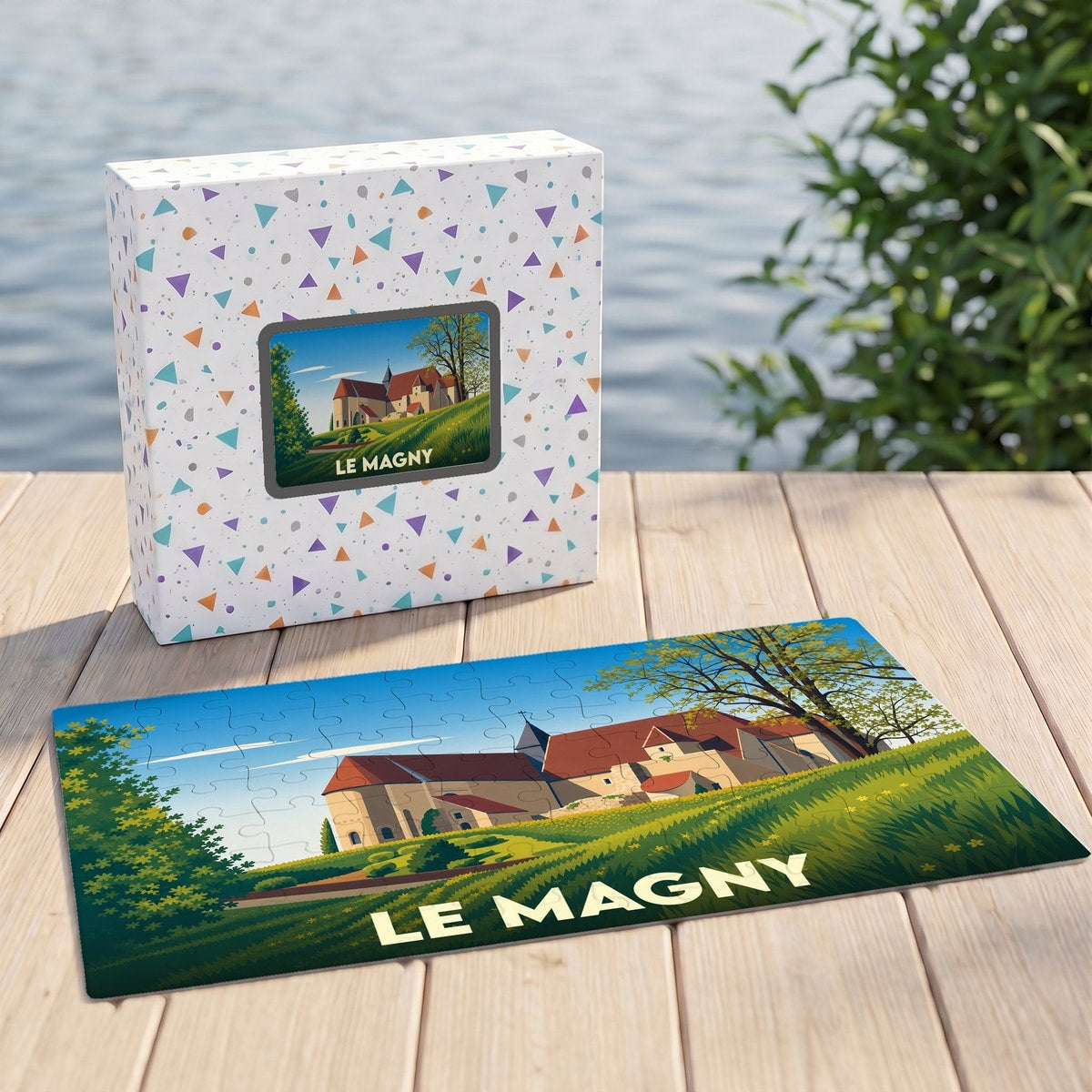 Puzzle souvenir de la ville de Le Magny avec une illustration stylisée.