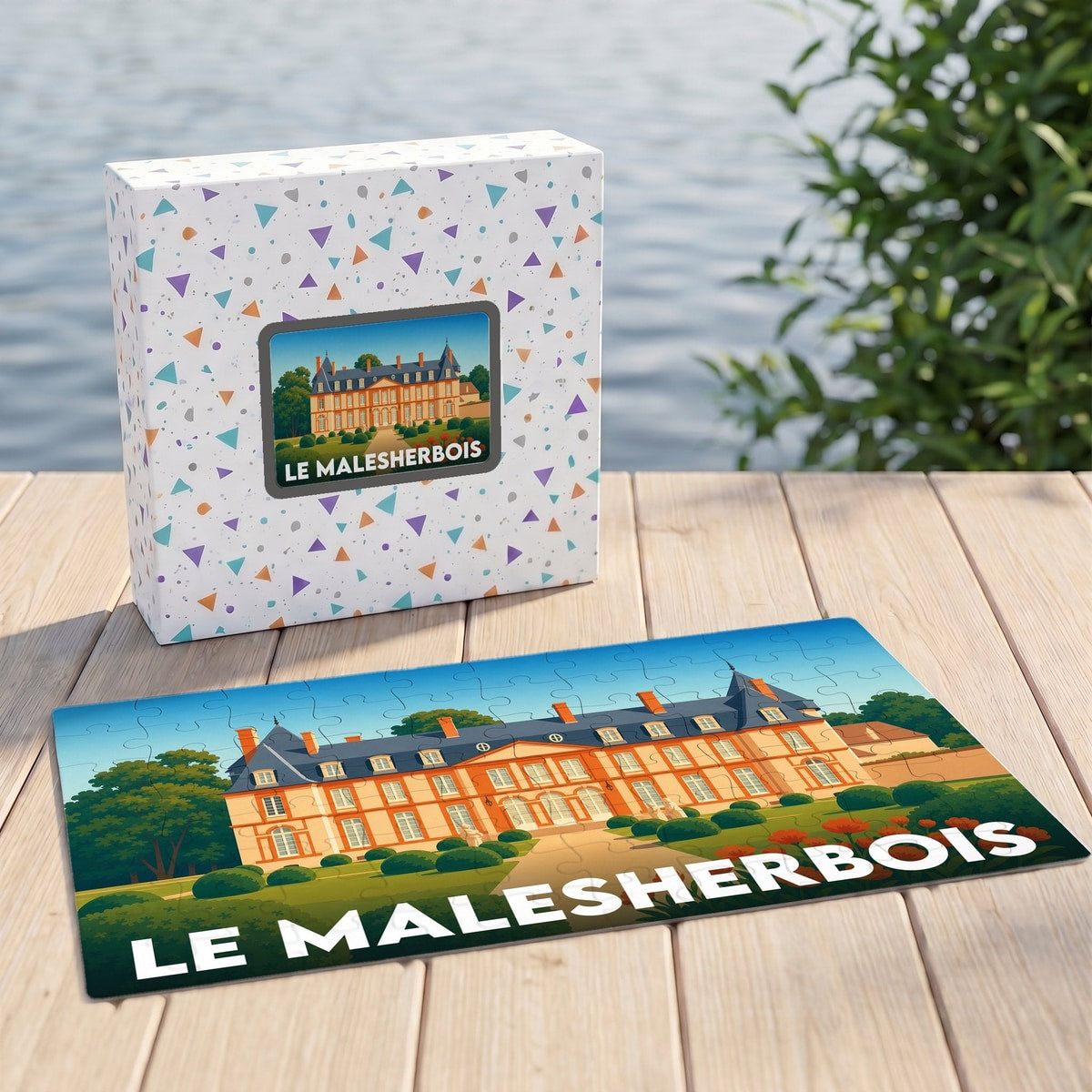 Puzzle souvenir de la ville du Malesherbois illustré d'un château avec une boîte assortie.