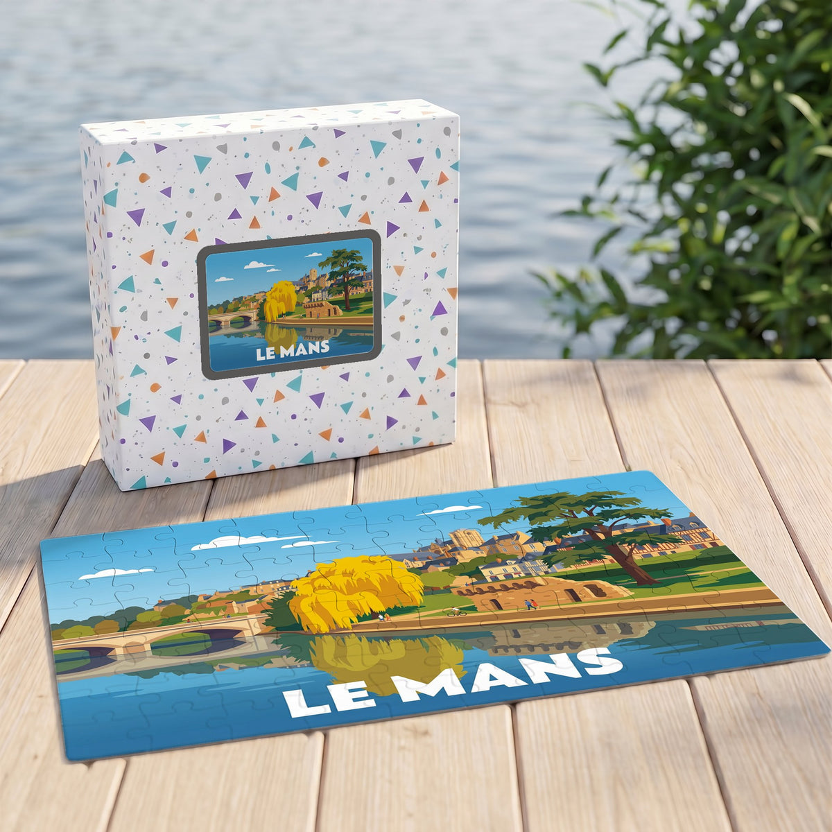 Puzzle souvenir de la ville de Le Mans présentant une illustration stylisée des bords de la Sarthe.