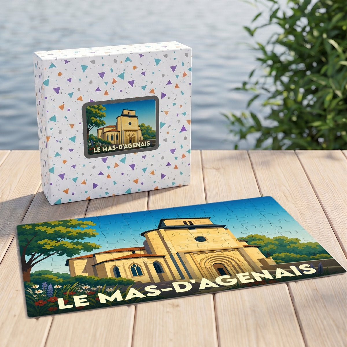 Puzzle souvenir de la ville de Le Mas-d'Agenais avec une illustration stylisée de son église.