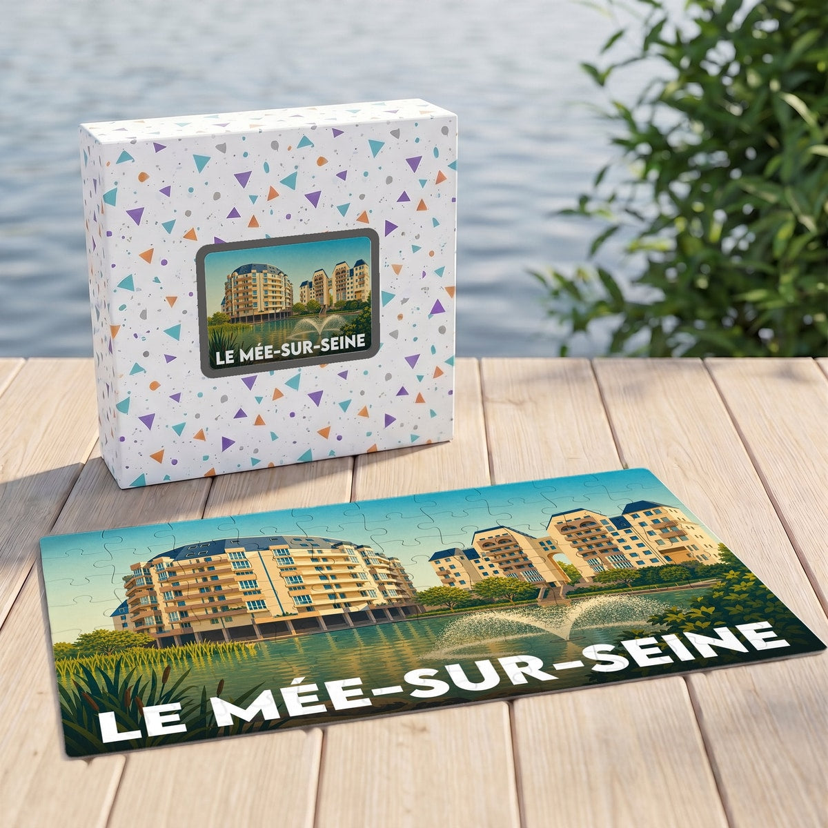 Puzzle souvenir de la ville de Le Mée-sur-Seine avec une illustration stylisée de ses bâtiments et d'un plan d'eau.