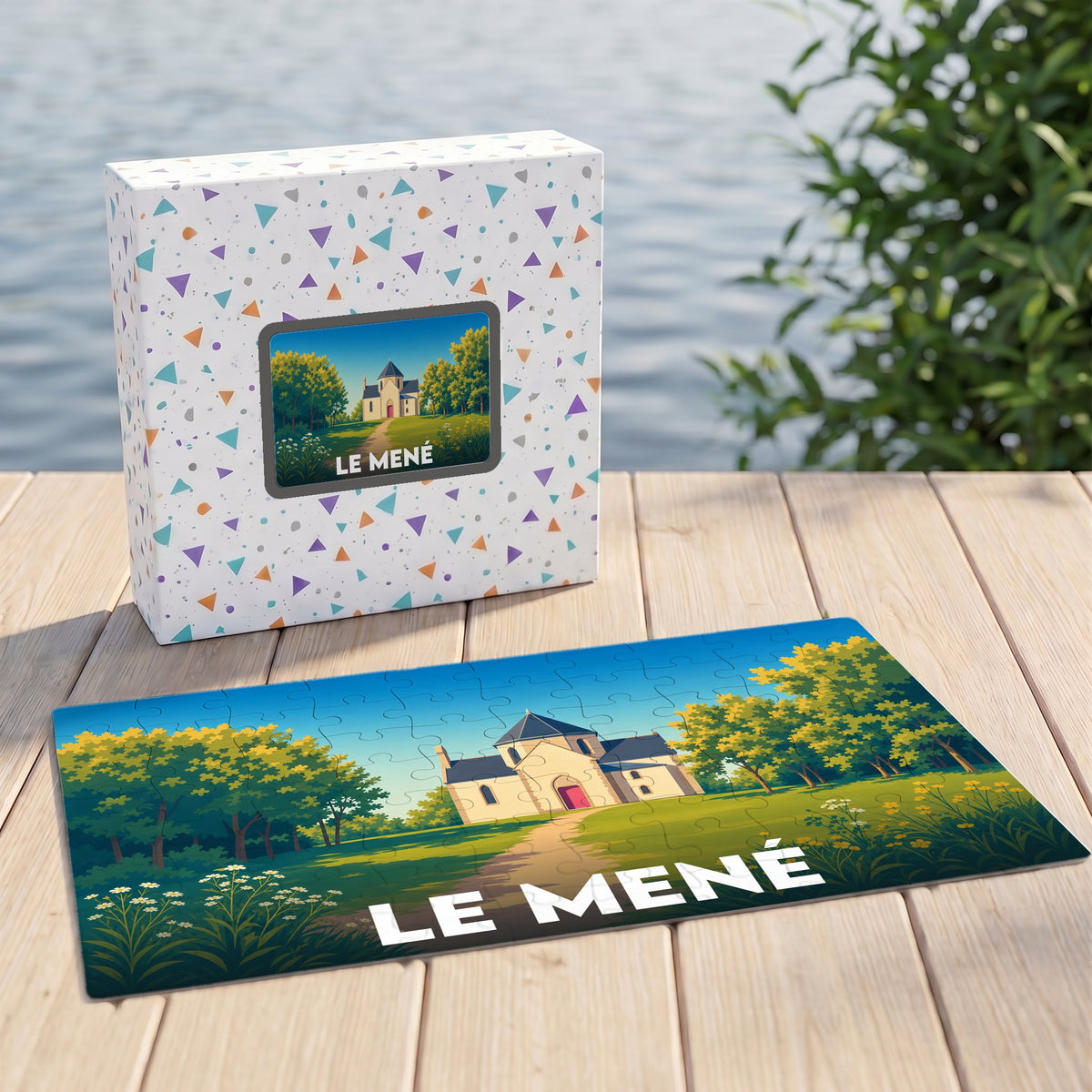 Puzzle souvenir de la ville du Mené avec une illustration stylisée d'un manoir dans un parc verdoyant.