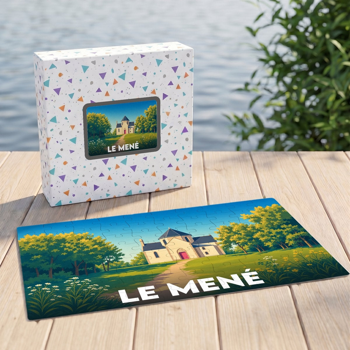 Puzzle souvenir de la ville du Mené avec une illustration stylisée d'un manoir dans un parc verdoyant.