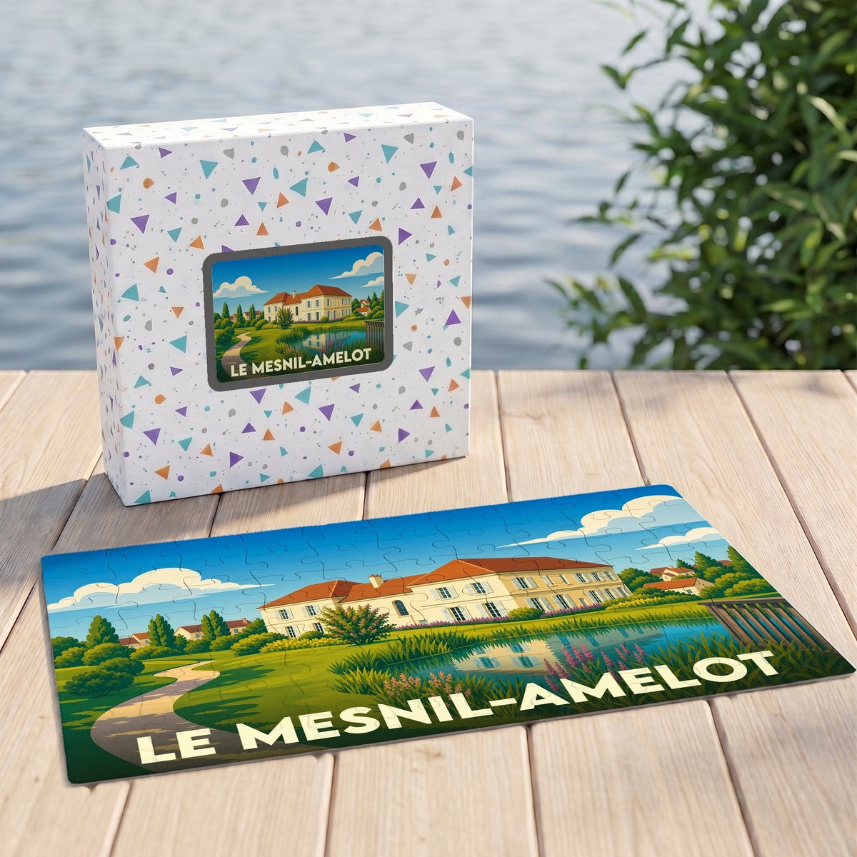 Puzzle souvenir de la ville de Le Mesnil-Amelot avec une illustration stylisée d'un manoir au bord de l'eau.