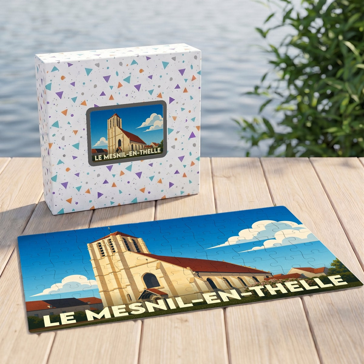 Puzzle souvenir de la ville de Le Mesnil-en-Thelle avec une illustration stylisée de son église.