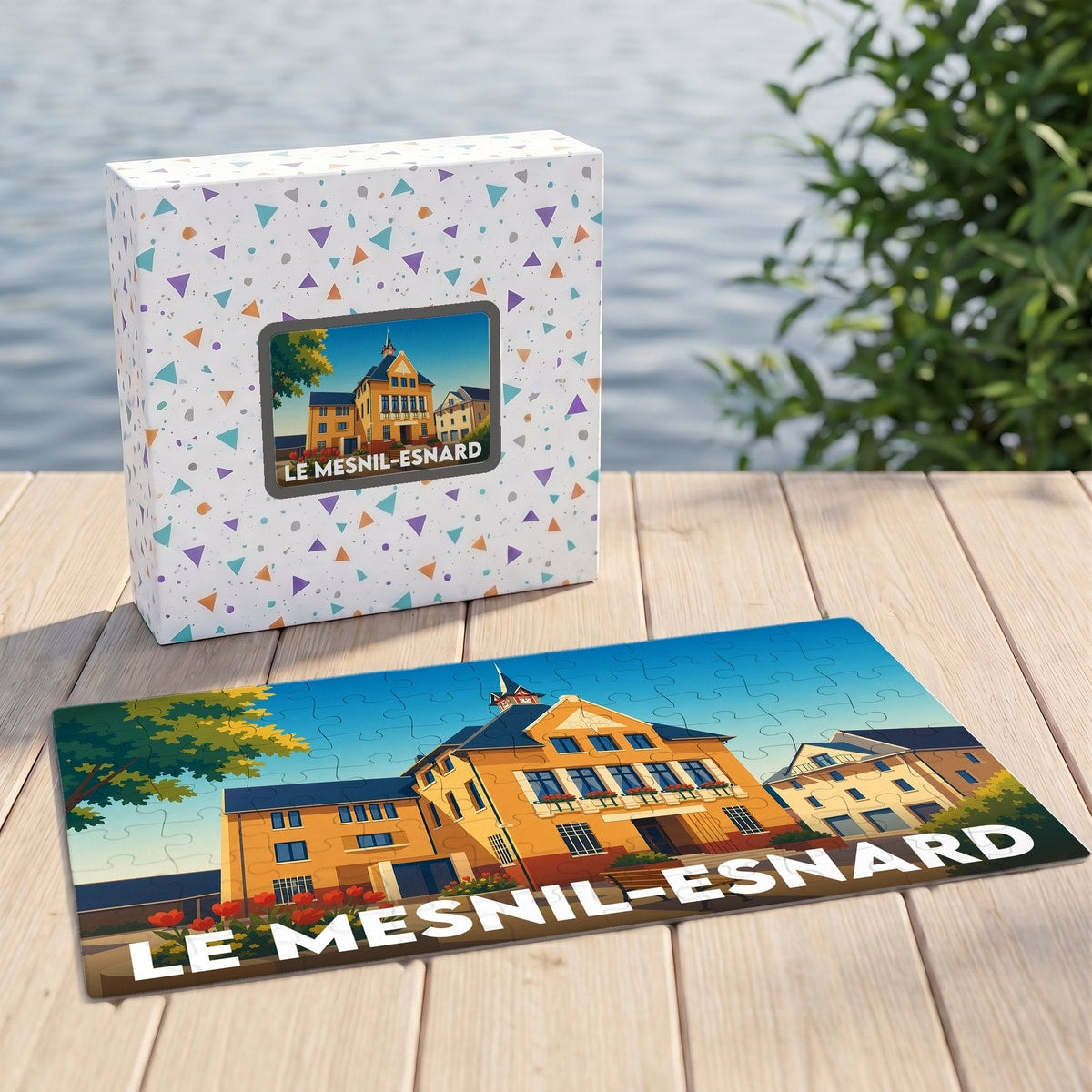 Puzzle souvenir de la ville du Mesnil-Esnard avec une illustration stylisée.