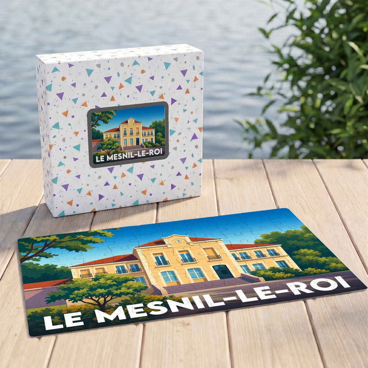 Puzzle souvenir de la ville de Le Mesnil-le-Roi avec une illustration stylisée de sa mairie.
