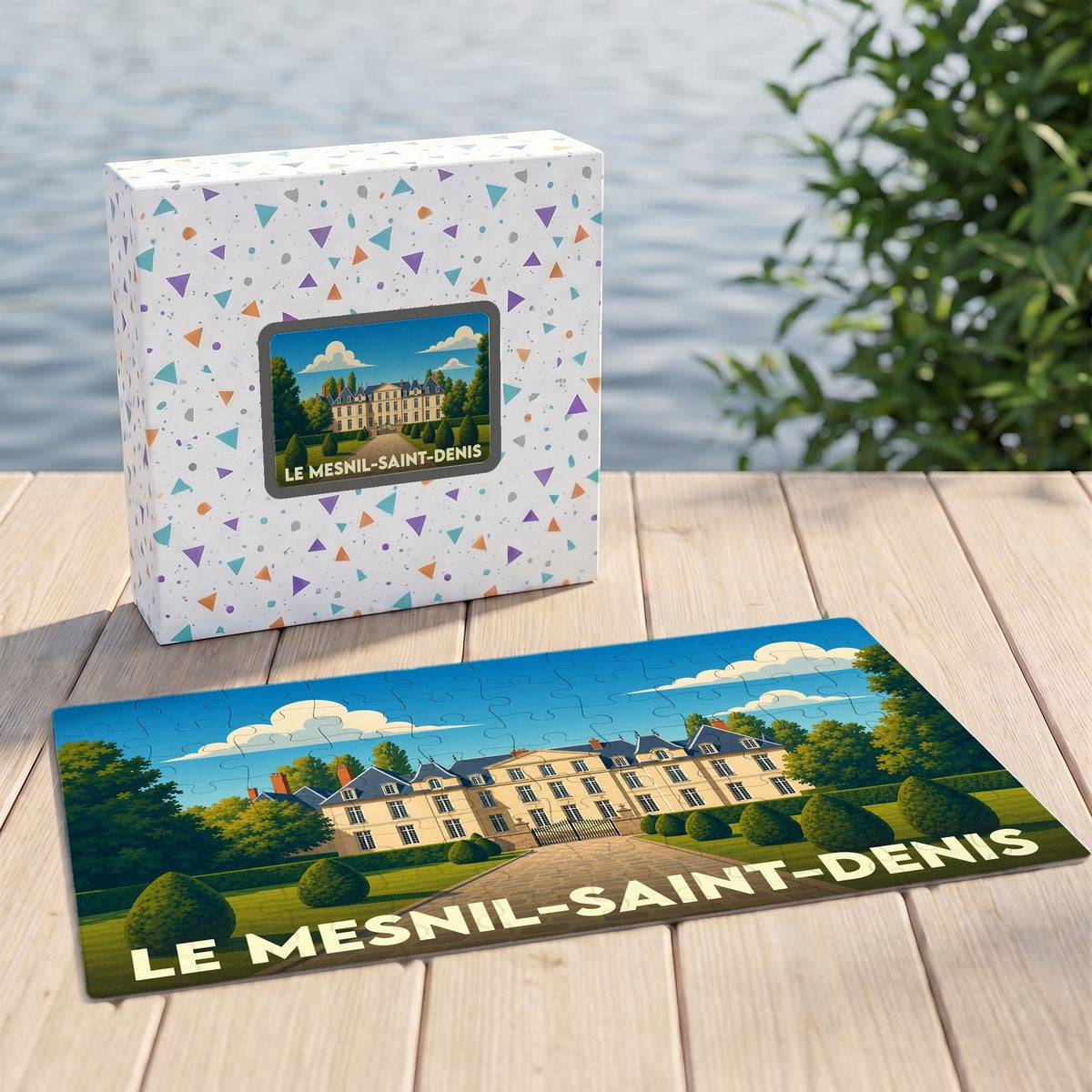 Puzzle souvenir de la ville de Le Mesnil-Saint-Denis illustrant un château et son parc dans un style graphique épuré.