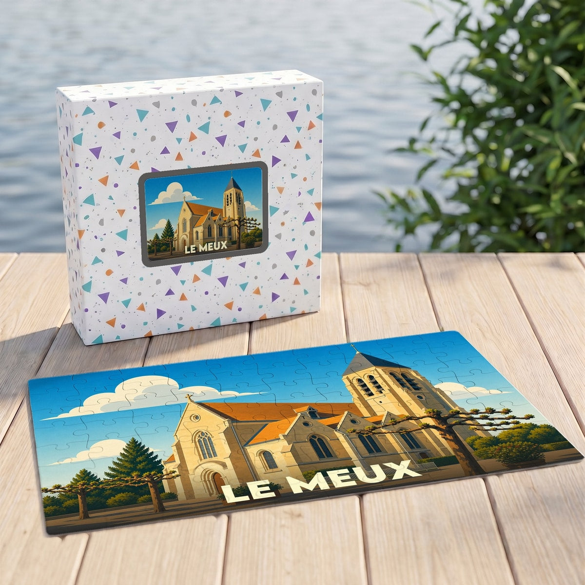 Puzzle souvenir de la ville de Le Meux avec une illustration stylisée d'une église sous un ciel bleu.