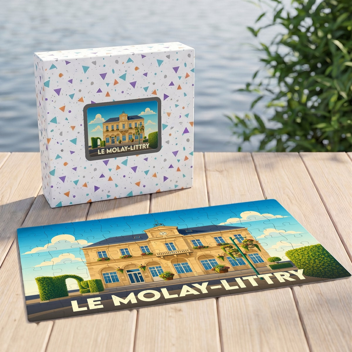 Puzzle souvenir de la ville de Le Molay-Littry avec une illustration stylisée de sa mairie.