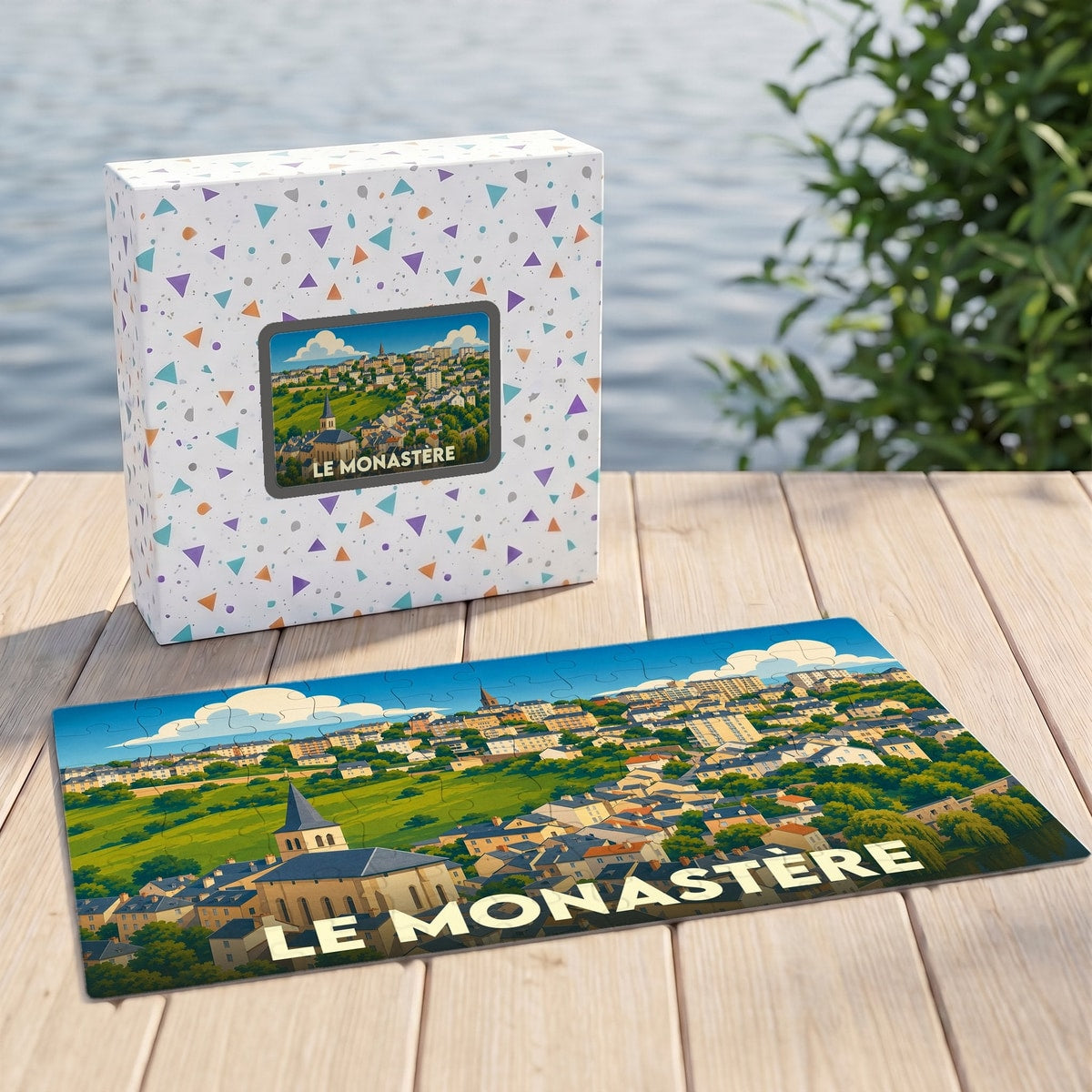 Puzzle souvenir de la ville de Le Monastère avec une illustration paysagère stylisée.