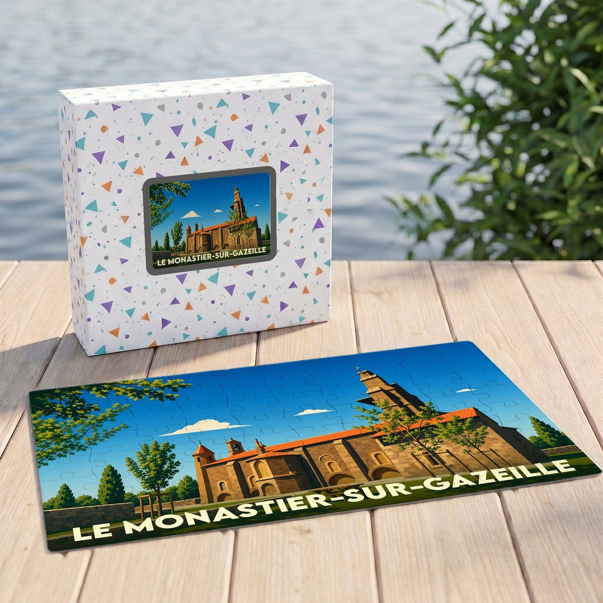 Puzzle souvenir de la ville de Le Monastier-sur-Gazeille avec une illustration stylisée de son église abbatiale.
