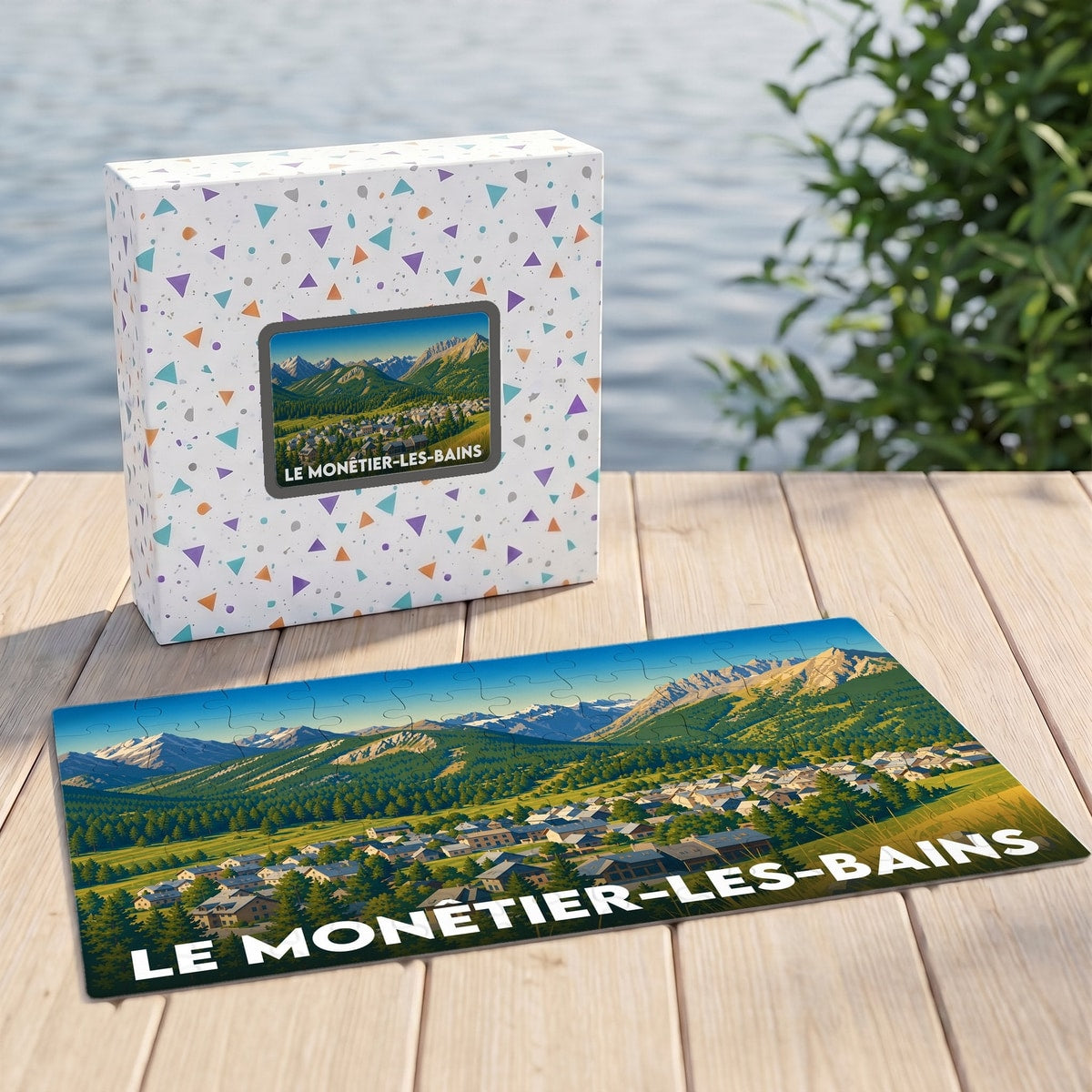 Puzzle souvenir de la ville de Le Monêtier-les-Bains avec une illustration stylisée de ses paysages montagneux.