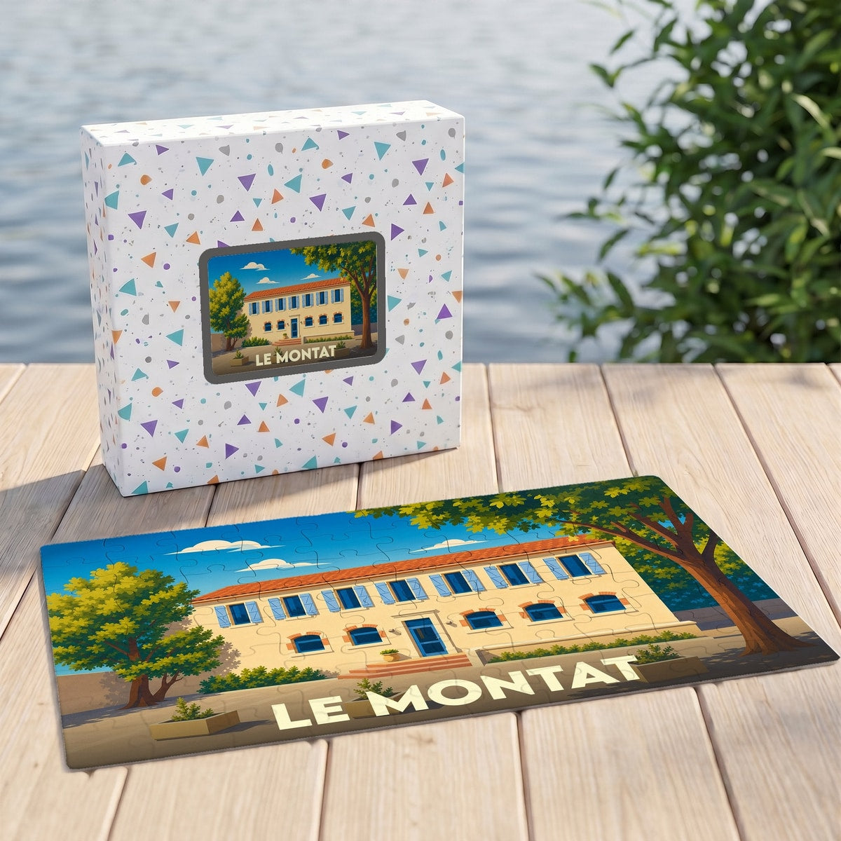 Puzzle souvenir de la ville de Le Montat présentant une illustration stylisée d'un bâtiment provençal.