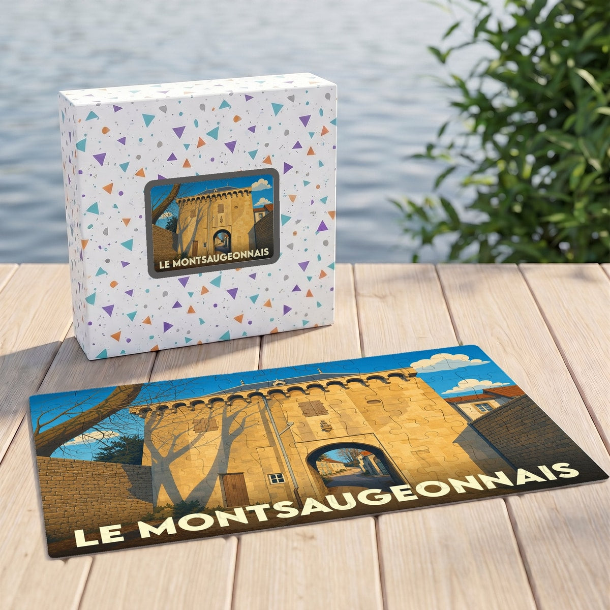 Puzzle souvenir de la ville de Le Montsaugeonnais avec une illustration stylisée de sa porte fortifiée.