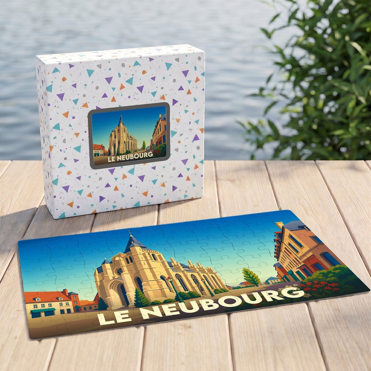 Puzzle souvenir de la ville de Le Neubourg avec une illustration stylisée de son église.