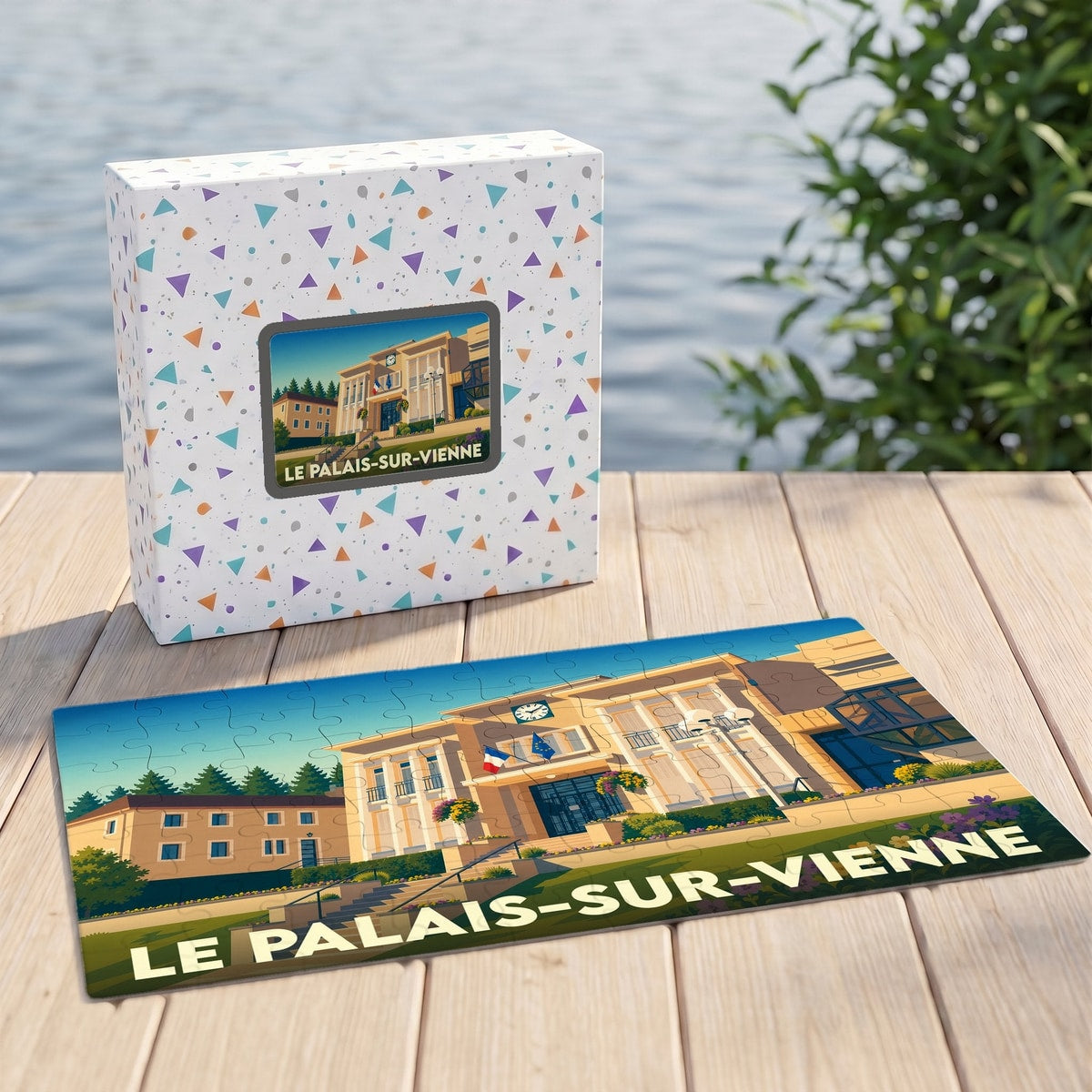 Puzzle souvenir de la ville de Le Palais-sur-Vienne avec une illustration stylisée de son hôtel de ville.