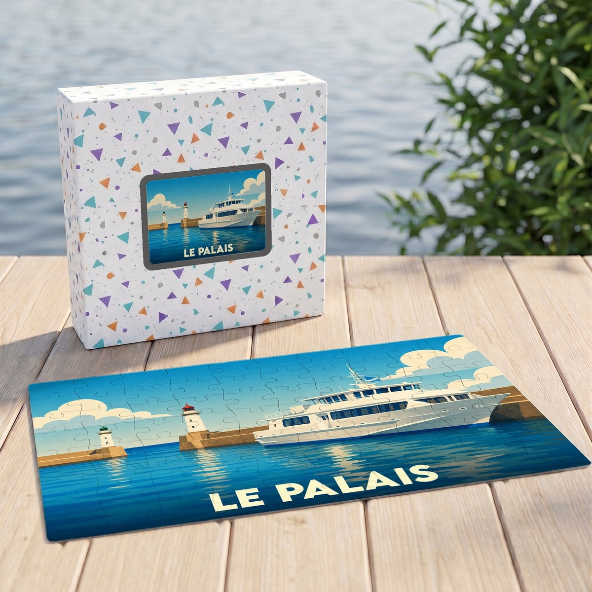 Puzzle souvenir de la ville de Le Palais avec une illustration stylisée d'un navire et de phares.