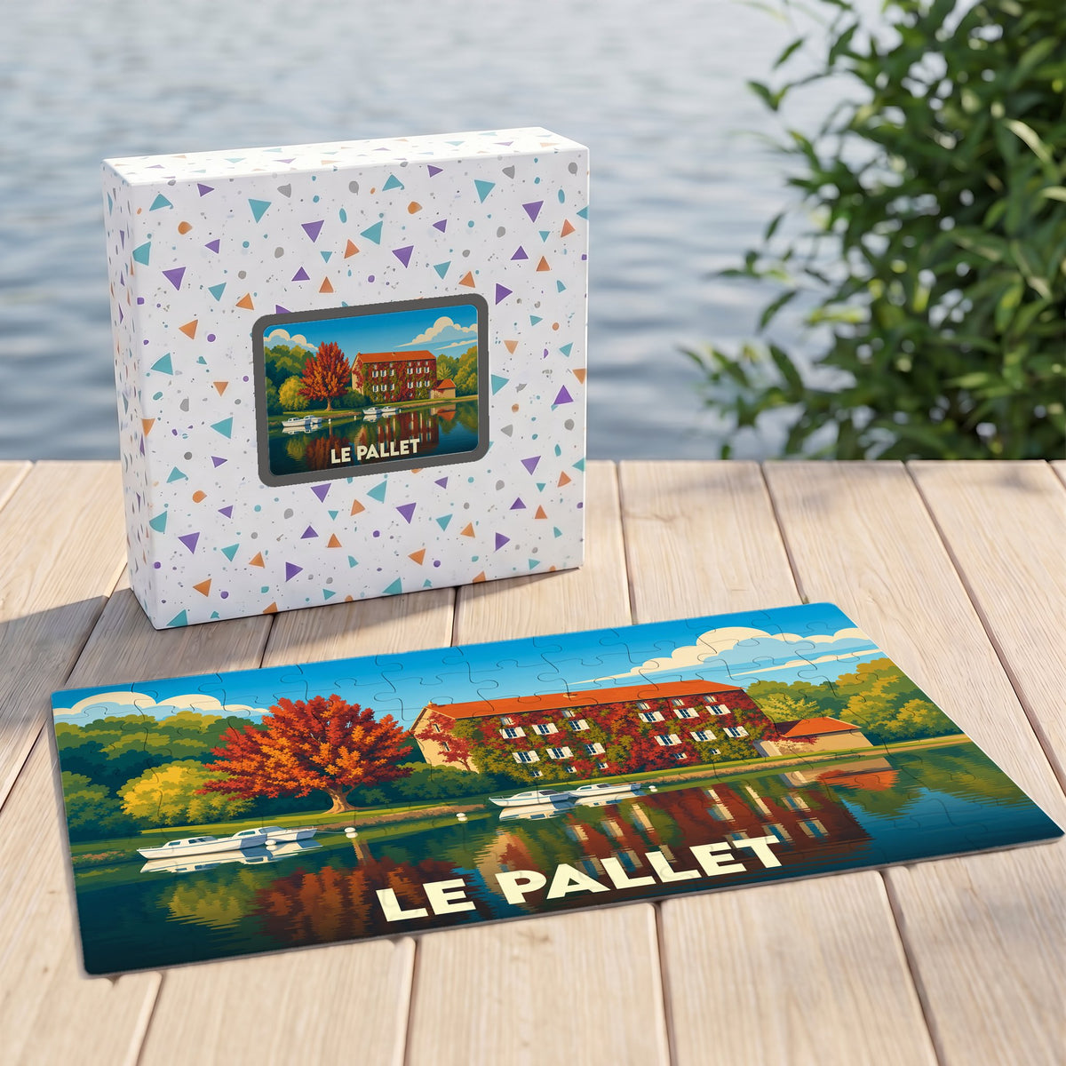 Puzzle souvenir de la ville de Le Pallet avec une illustration stylisée d'un paysage fluvial.
