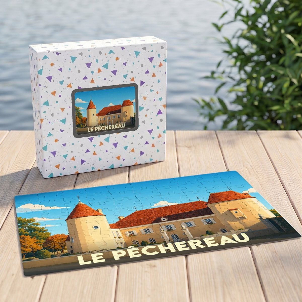 Puzzle souvenir de la ville de Le Pêchereau avec une illustration stylisée du château local.