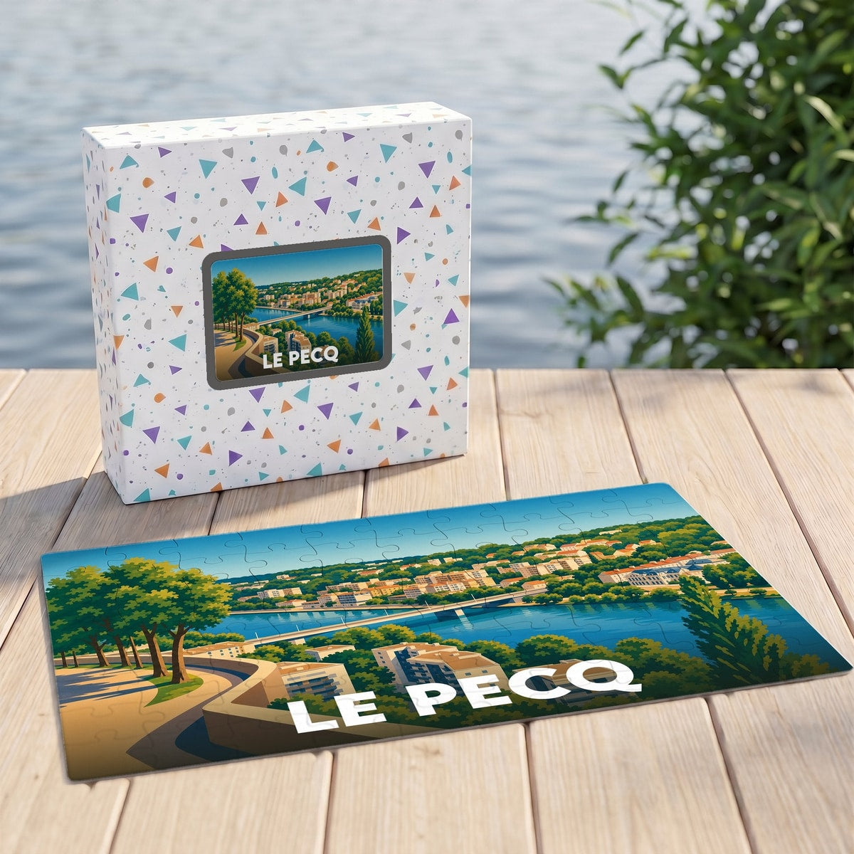 Puzzle souvenir de la ville de Le Pecq avec une illustration stylisée des bords de Seine.