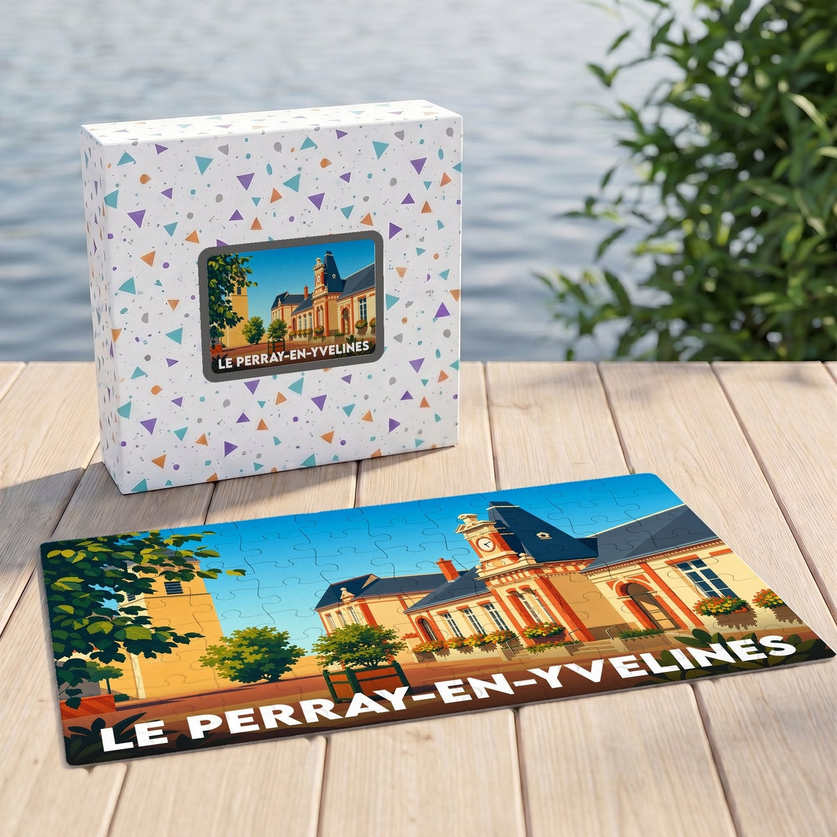 Puzzle souvenir de la ville de Le Perray-en-Yvelines avec une illustration stylisée de son hôtel de ville.
