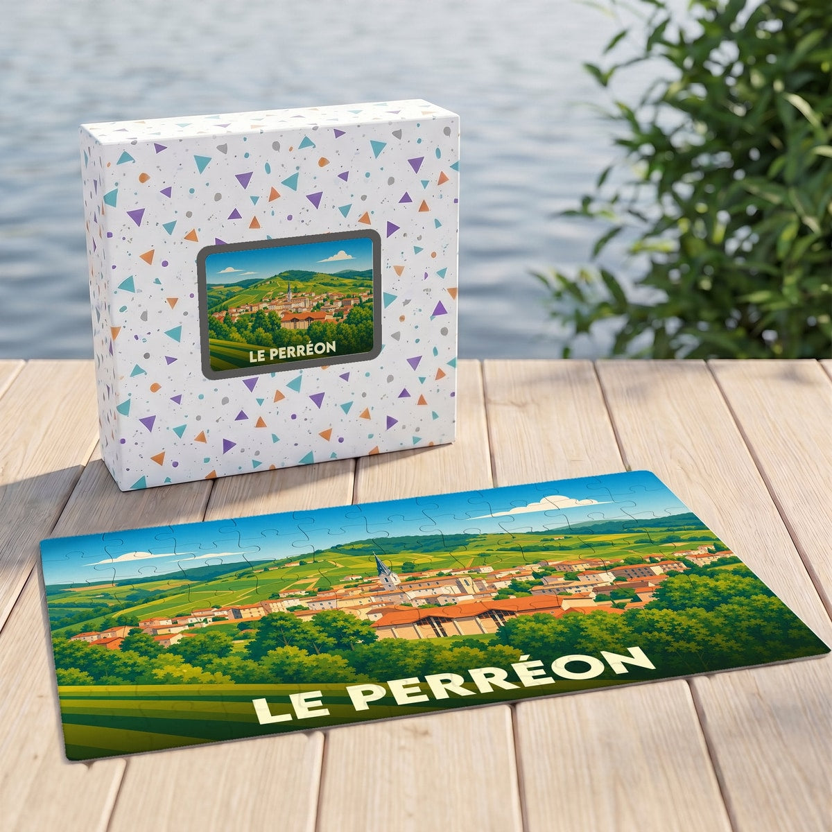 Puzzle souvenir de la ville de Le Perréon avec une illustration stylisée de son paysage vallonné.