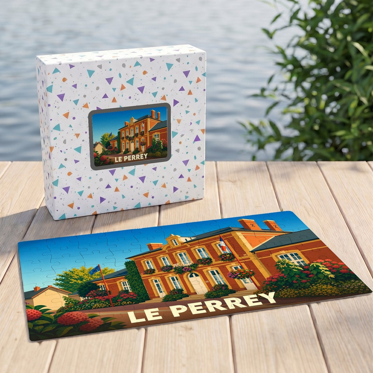 Puzzle souvenir de la ville du Perrey avec une illustration stylisée d'un bâtiment fleuri.