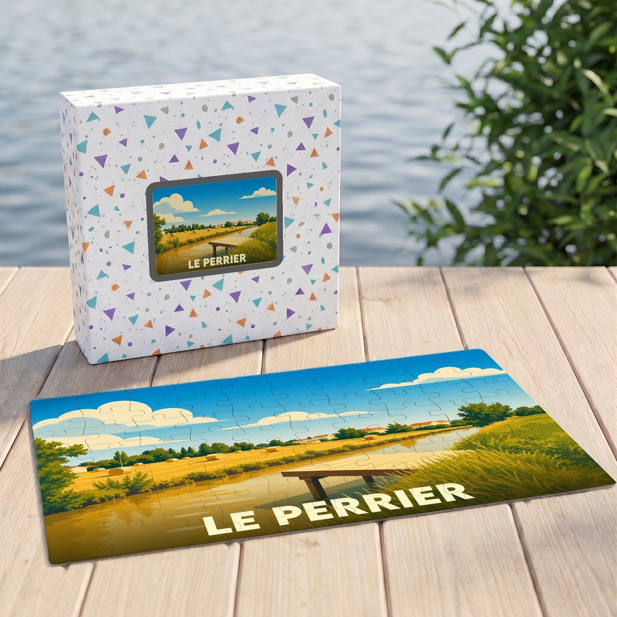 Puzzle souvenir de la commune de Le Perrier avec une illustration de paysage champêtre.
