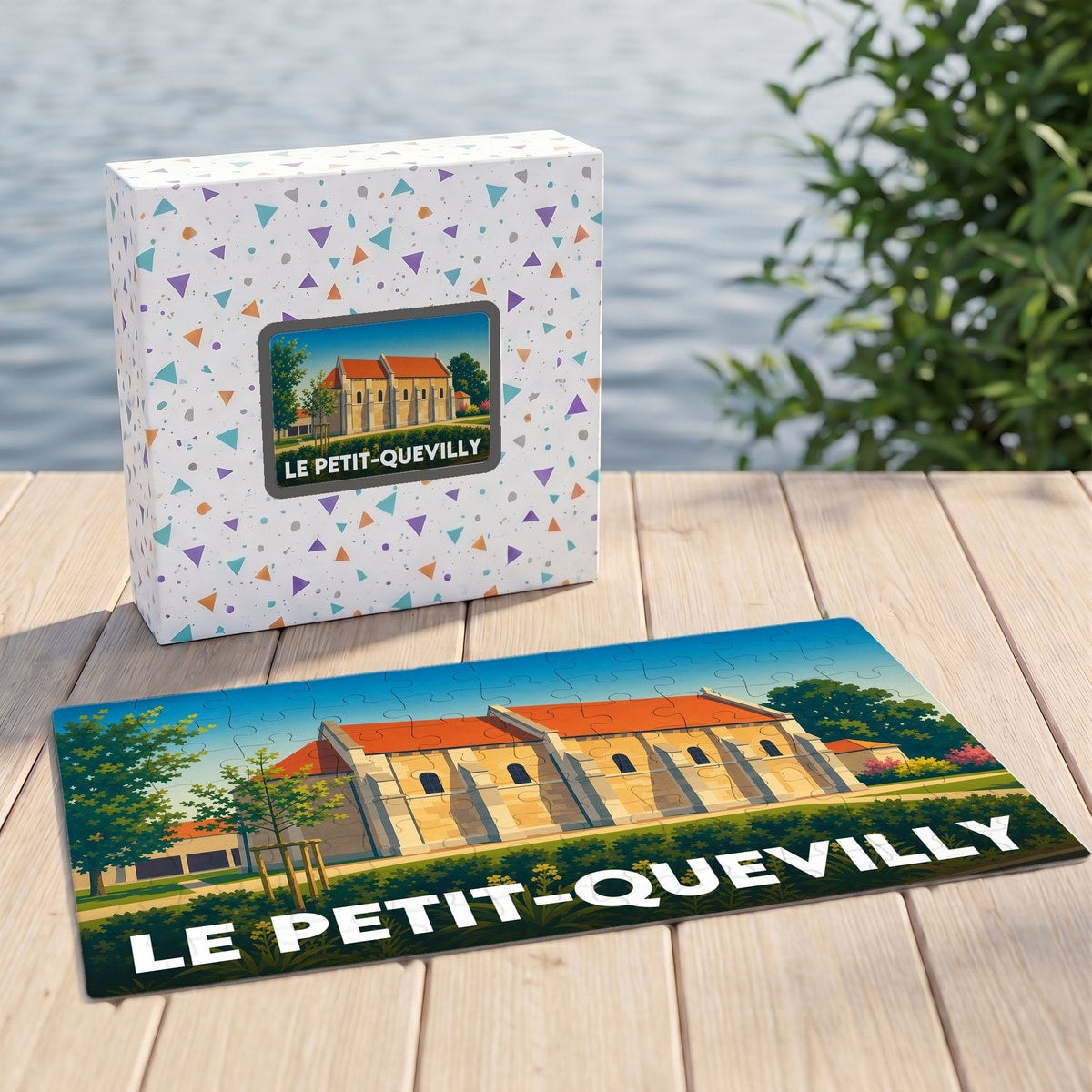 Puzzle souvenir de la ville du Petit-Quevilly avec une illustration stylisée d'un bâtiment historique.