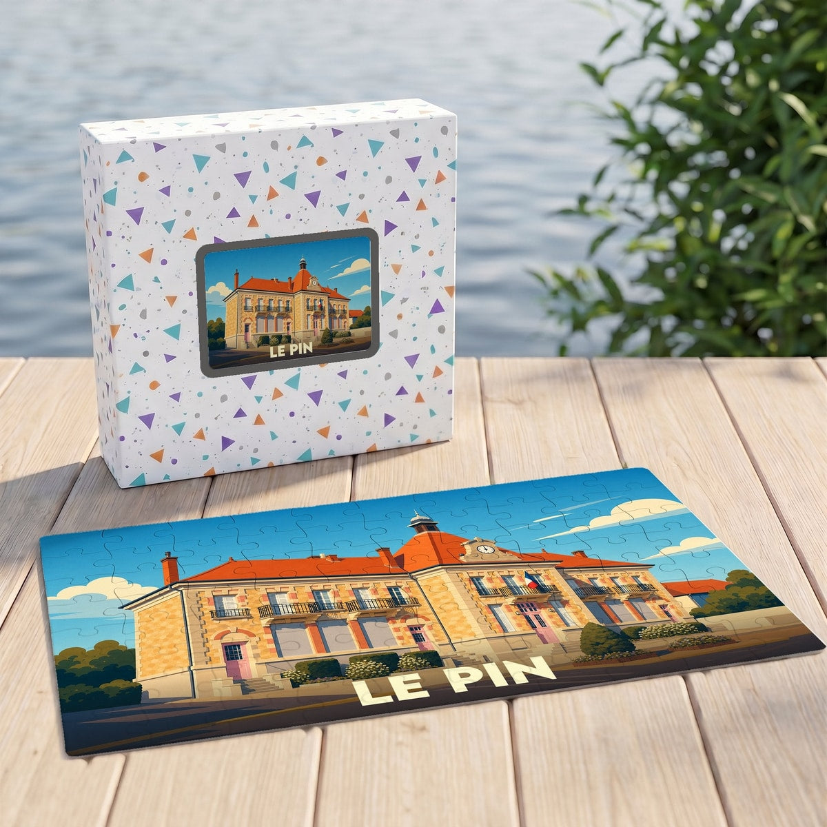 Puzzle souvenir de la ville de Le Pin avec une illustration stylisée d'un bâtiment historique.