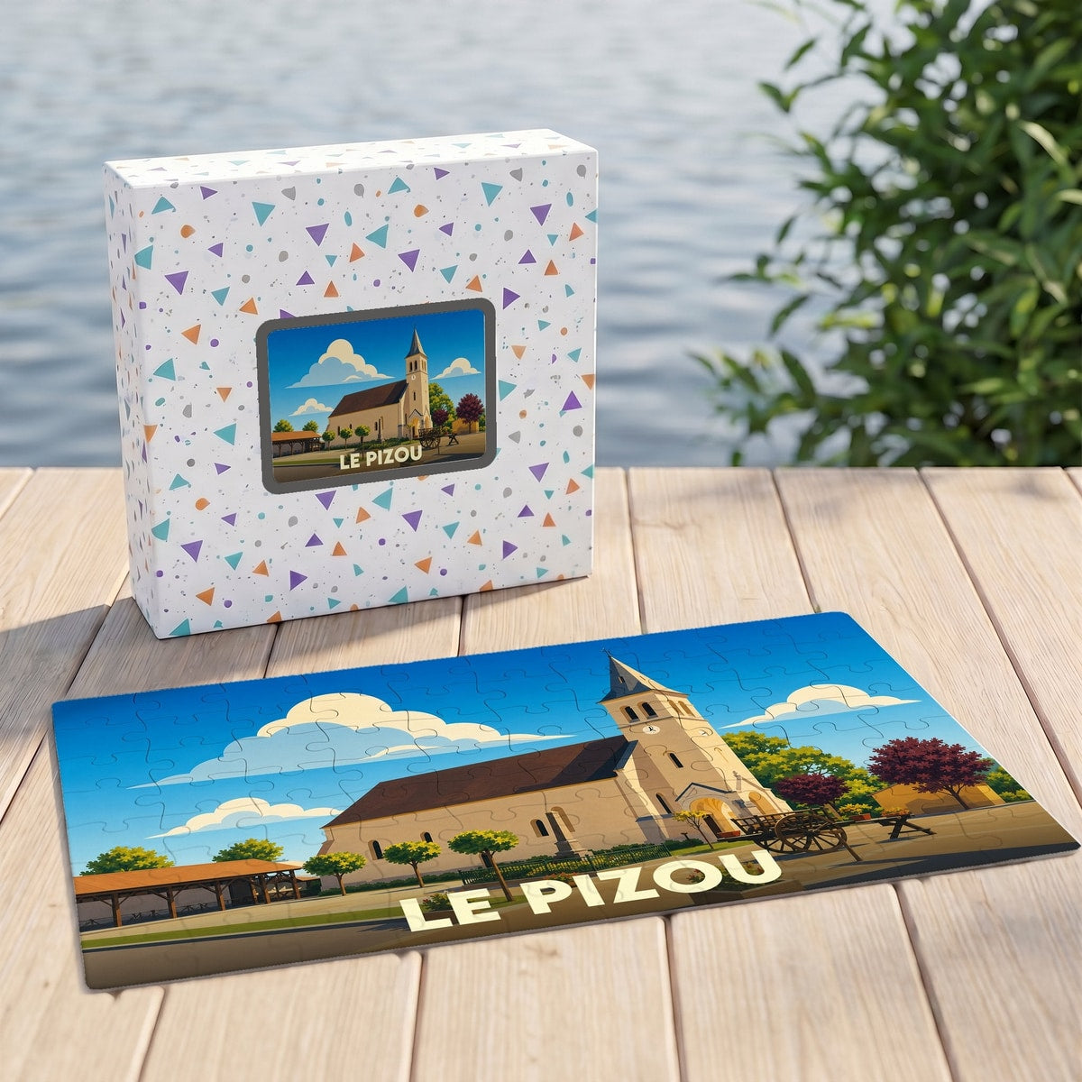 Puzzle souvenir de la ville de Le Pizou avec une illustration stylisée.