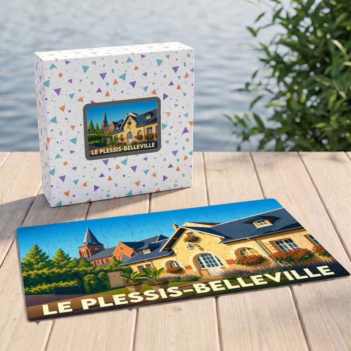Puzzle souvenir de la ville de Le Plessis-Belleville avec une illustration stylisée d'un bâtiment historique.