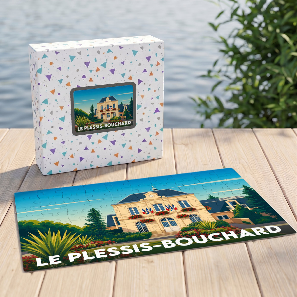 Puzzle souvenir de la ville du Plessis-Bouchard avec une illustration stylisée de son hôtel de ville.