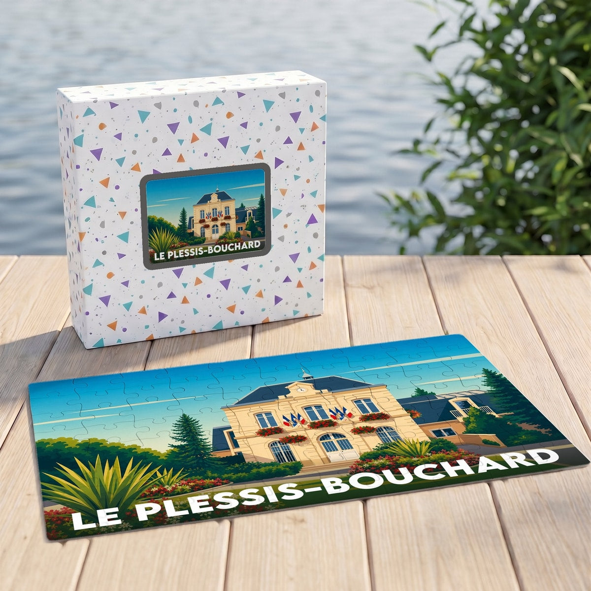 Puzzle souvenir de la ville du Plessis-Bouchard avec une illustration stylisée de son hôtel de ville.