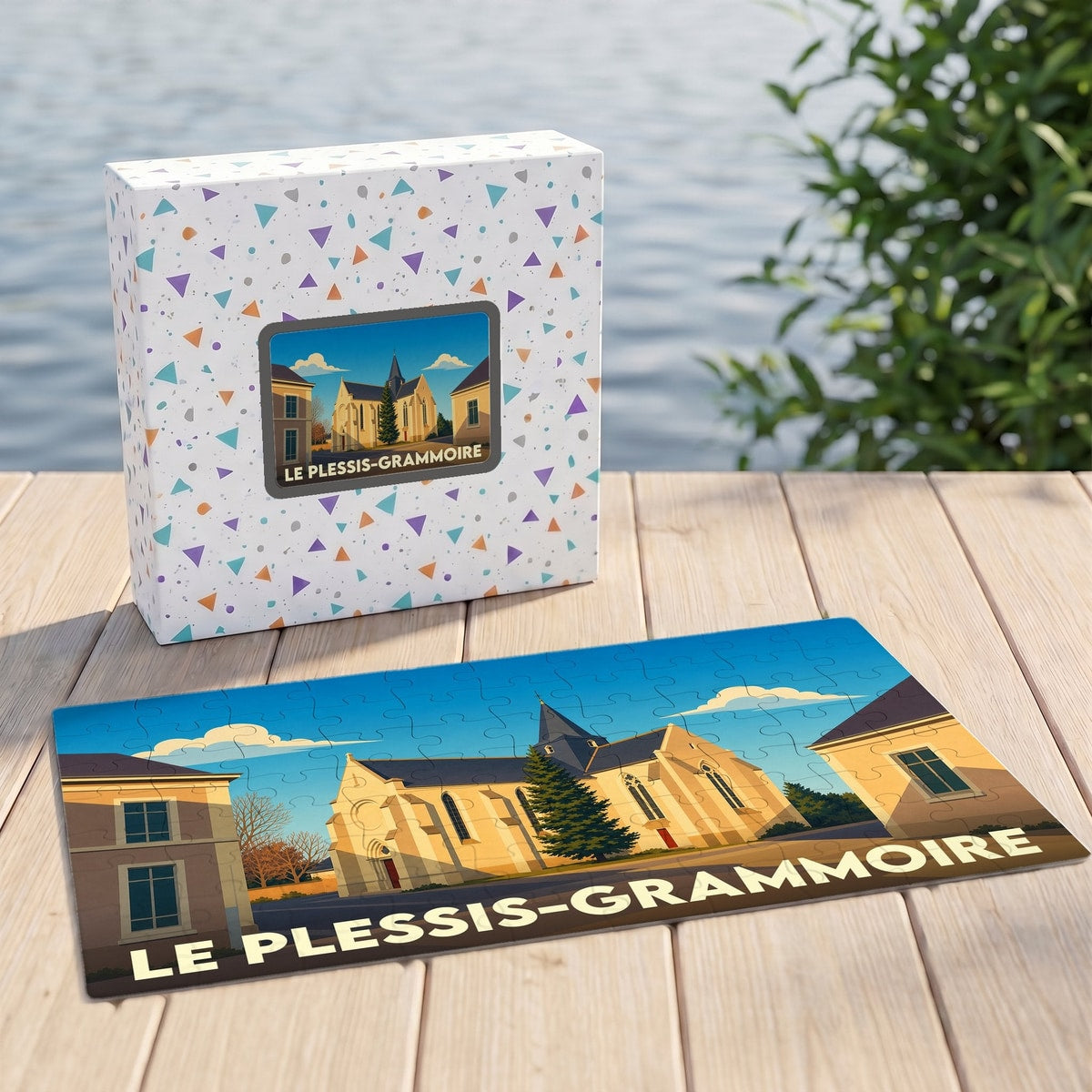 Puzzle souvenir de la ville de Le Plessis-Grammoire avec une illustration stylisée de son église.