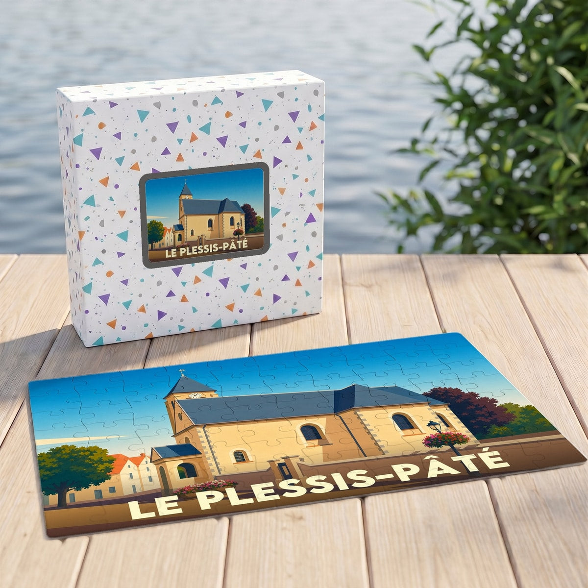 Puzzle souvenir de la ville de Le Plessis-Pâté avec une illustration stylisée d'une église locale.