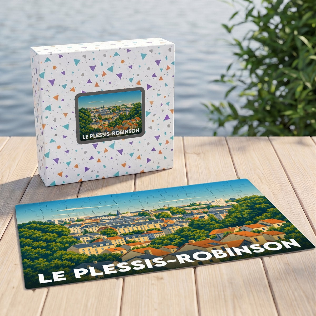 Puzzle souvenir de la ville de Le Plessis-Robinson avec une illustration stylisée et colorée.