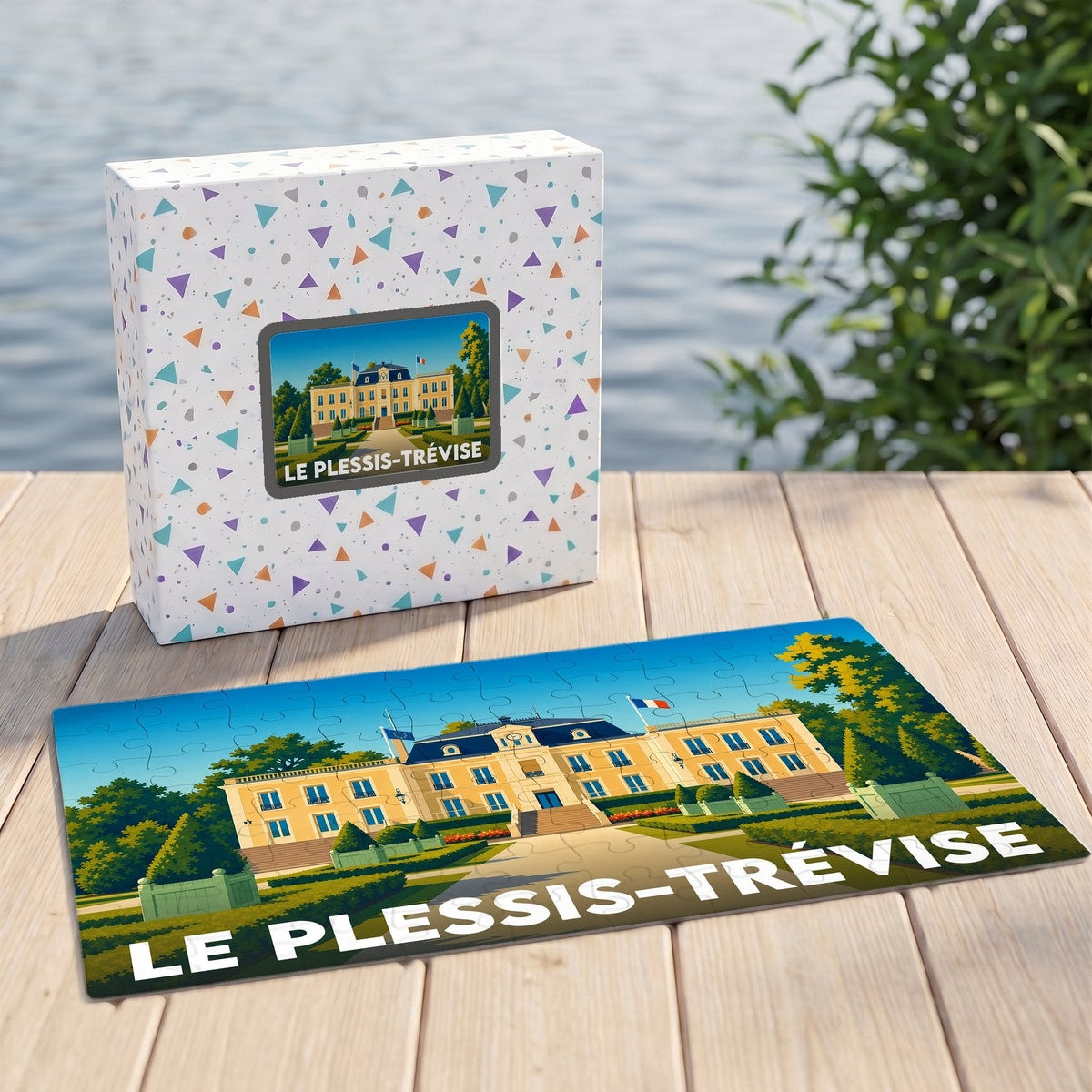 Puzzle souvenir de la ville de Le Plessis-Trévise avec une illustration stylisée de son hôtel de ville.