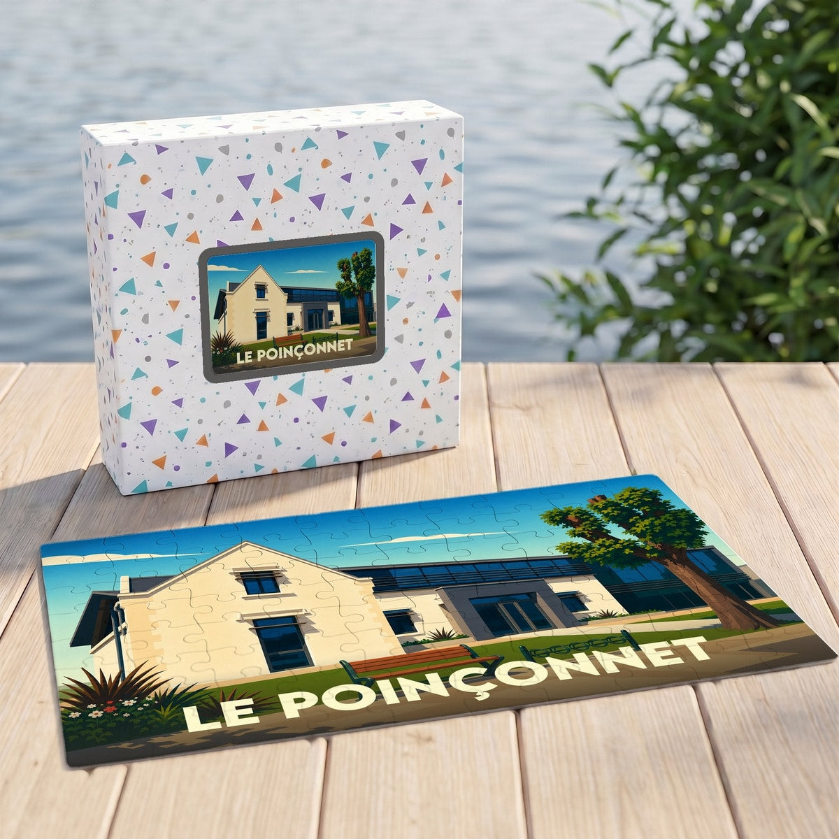 Puzzle souvenir de la ville de Le Poinçonnet avec une illustration stylisée d'un bâtiment municipal.