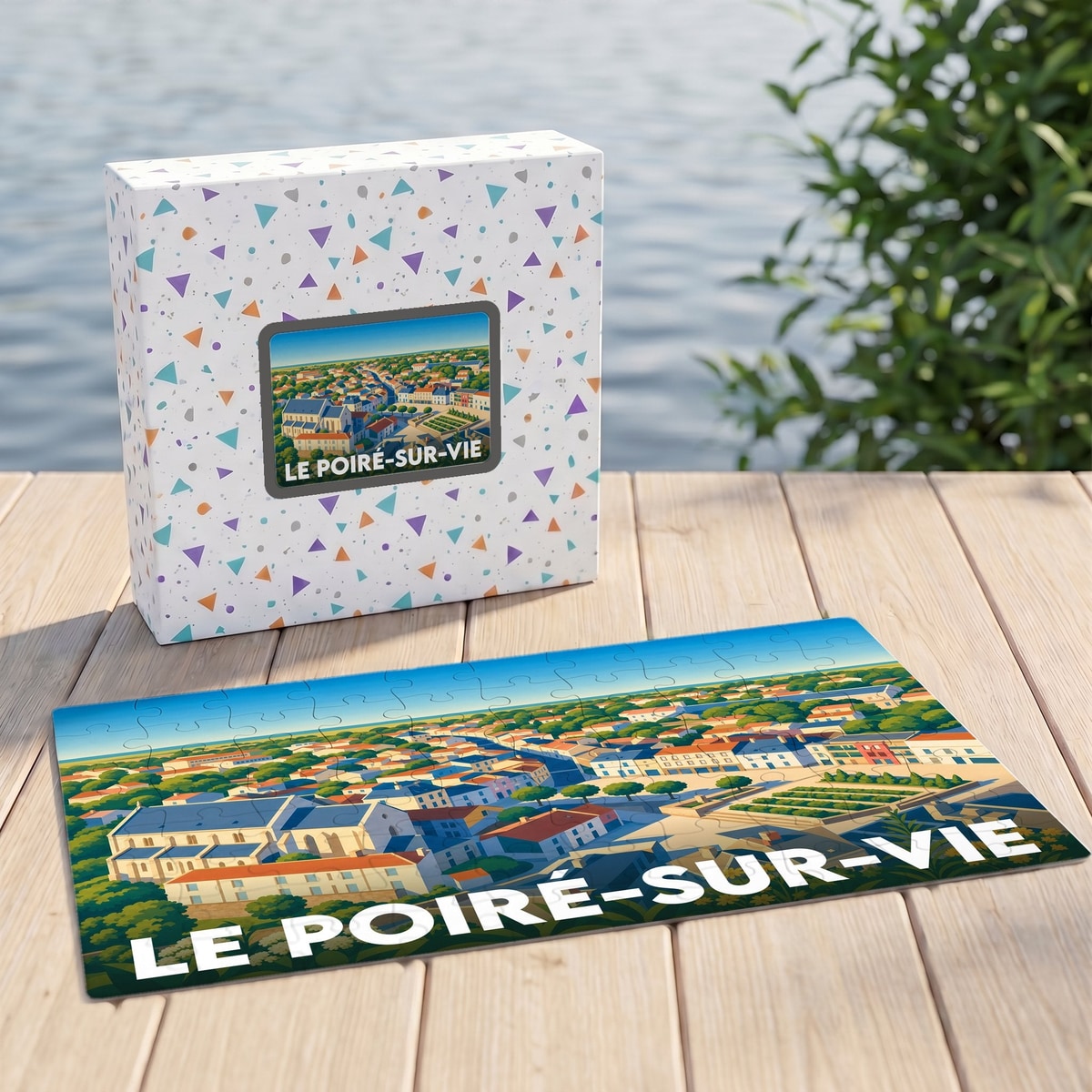 Puzzle souvenir de la ville de Le Poiré-sur-Vie avec une illustration panoramique colorée.