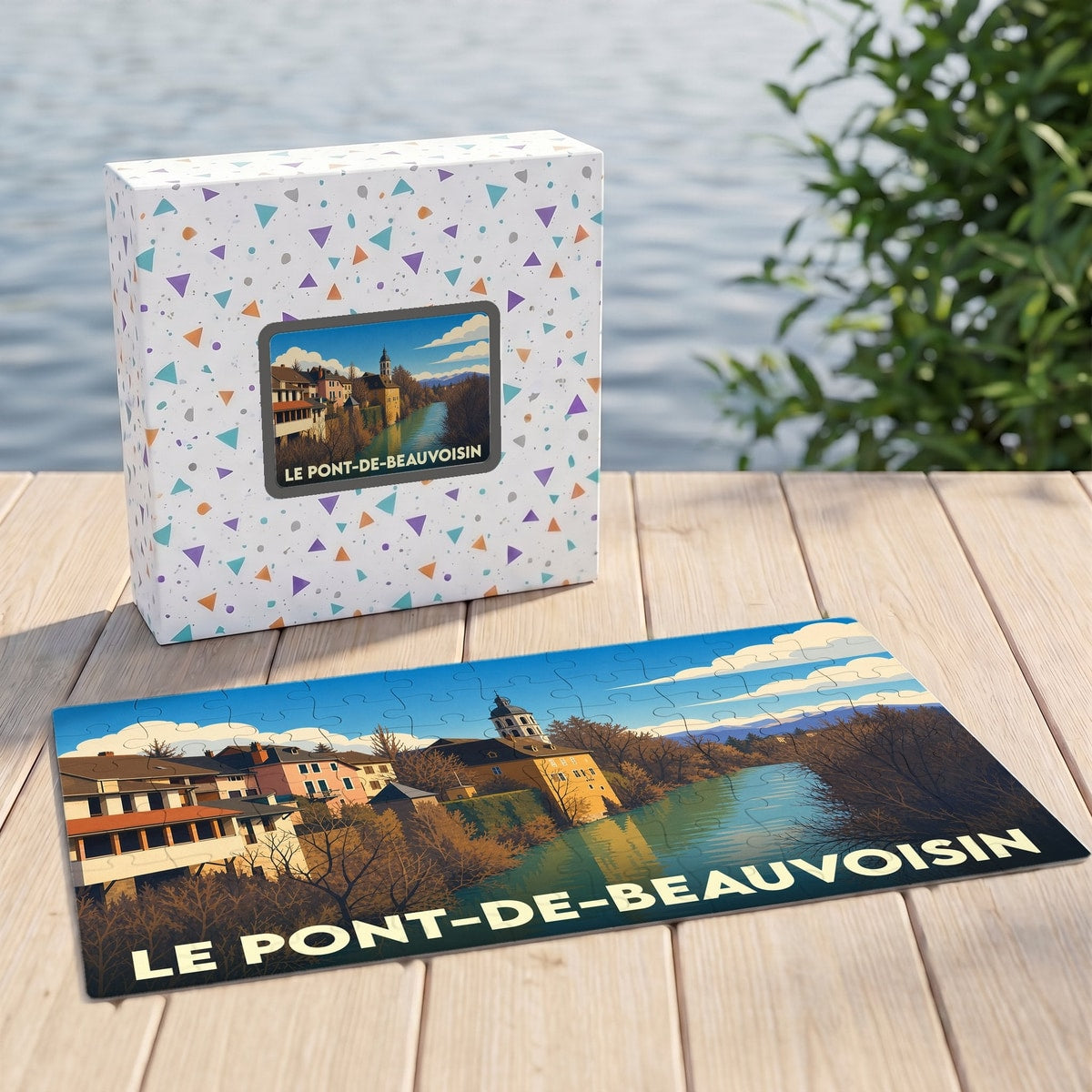 Puzzle souvenir de la ville du Pont-de-Beauvoisin avec une illustration stylisée d'un paysage fluvial.
